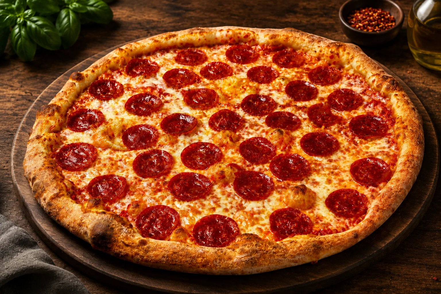Classic pepperoni pizza on a black marble background