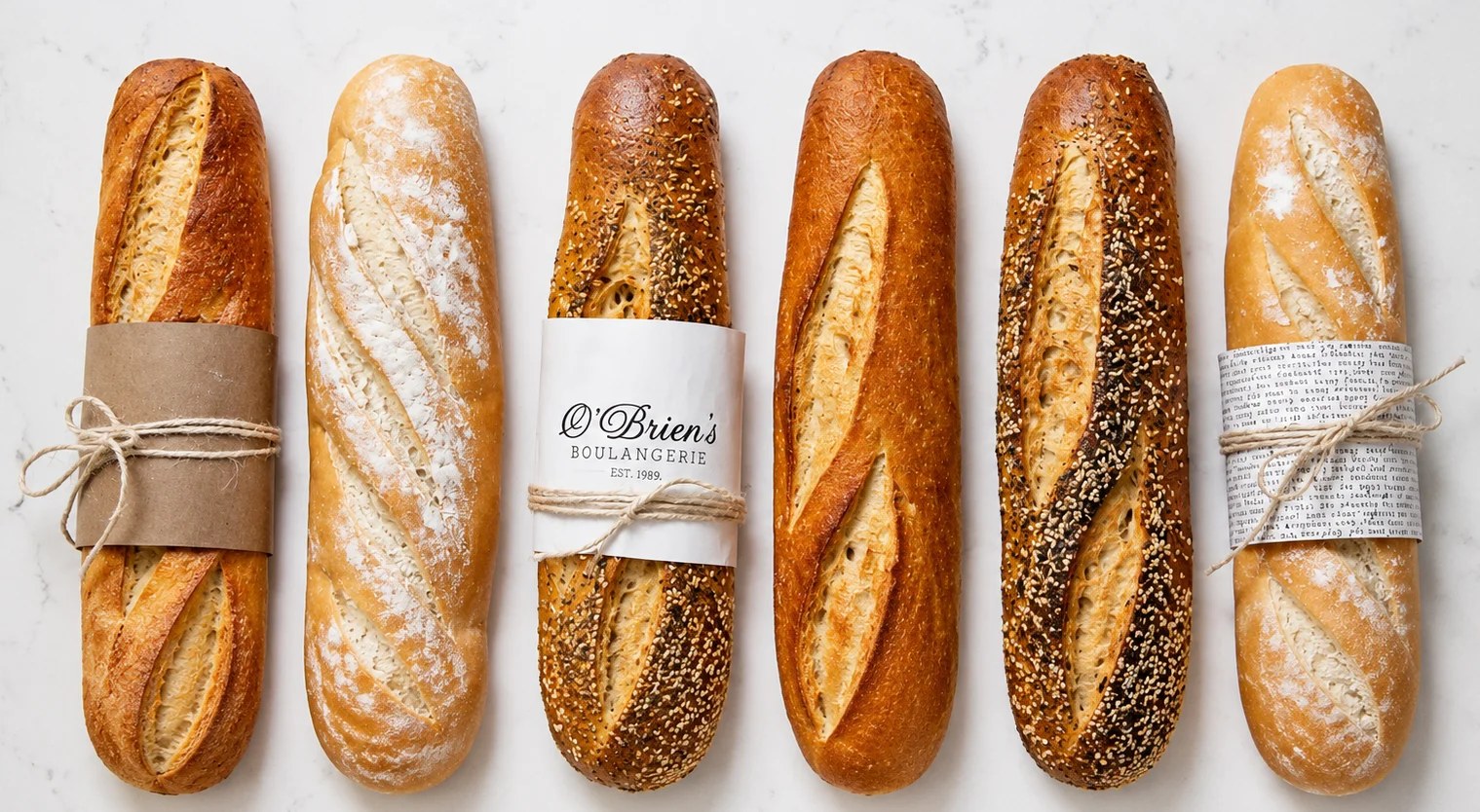 A variety of fresh baguettes displayed on a wooden board.