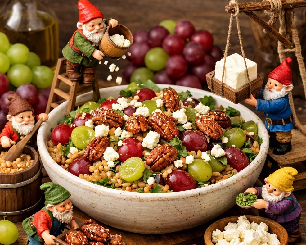 A whimsical salad with grapes, nuts, and cheese, surrounded by playful garden gnome figurines involved in the food preparation.