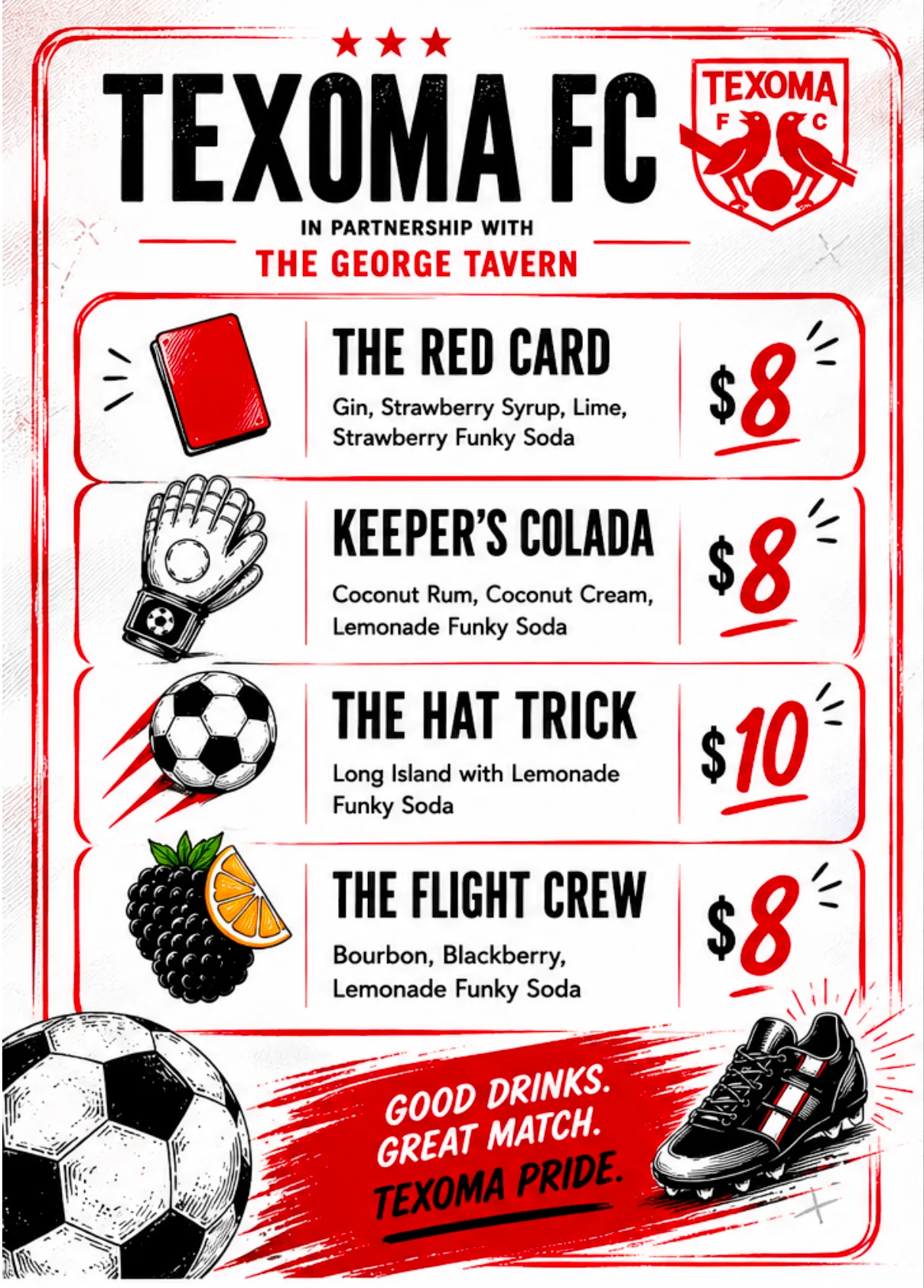 Menu of Texoma FC drinks with prices and ingredients listed.