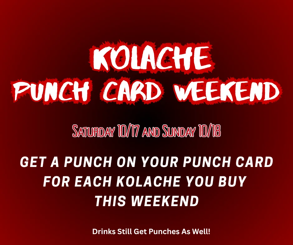 Kolache punch card weekend promotional graphic with bold restaurant typography