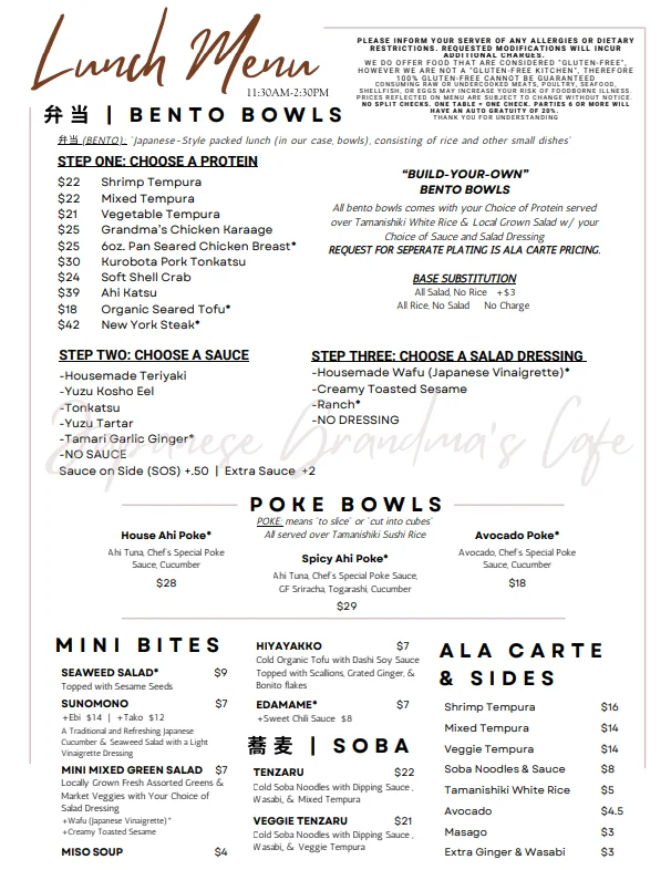 Lunch menu featuring bento bowls, poke bowls, and mini bites.