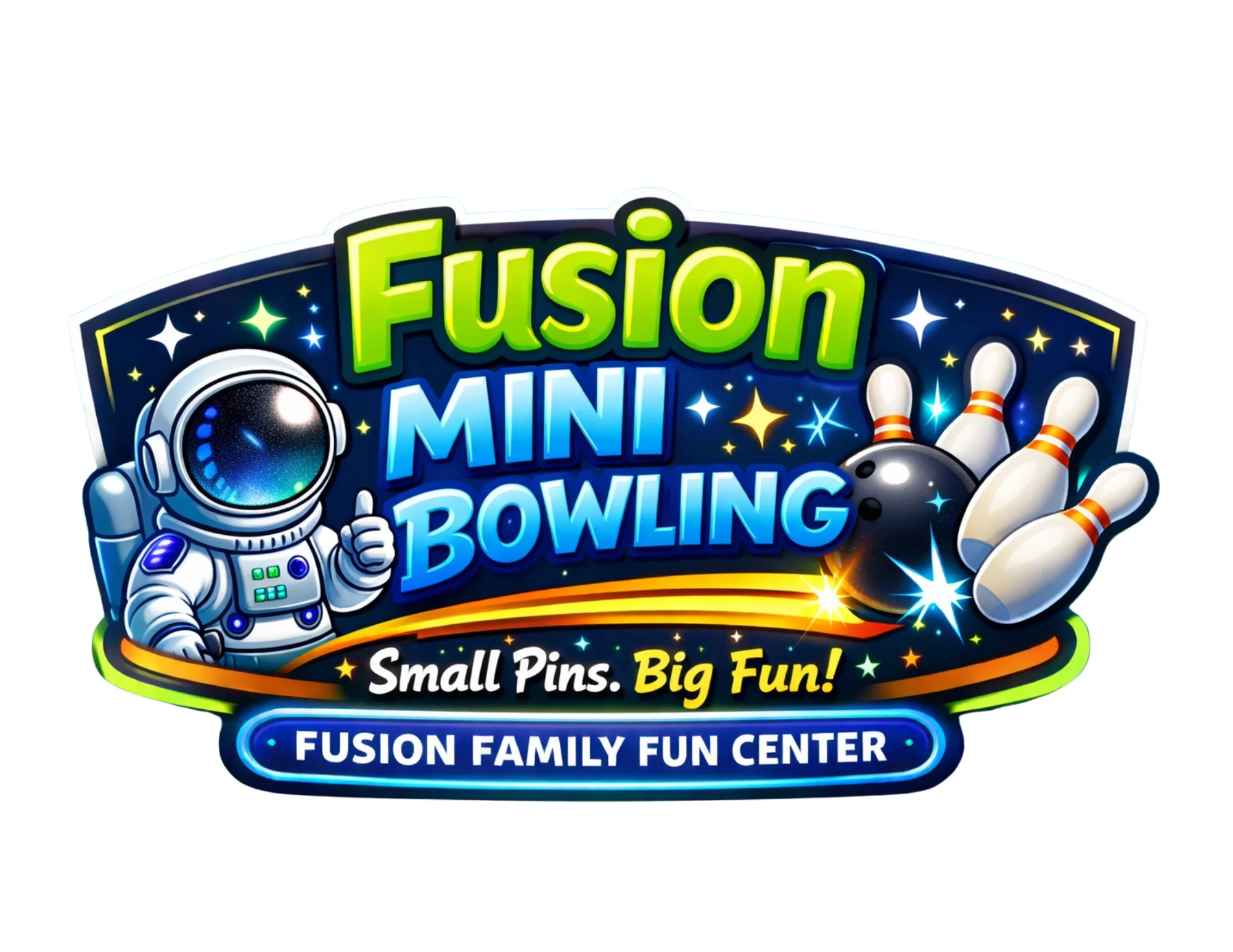 Fusion Mini Bowling logo featuring an astronaut and bowling pins
