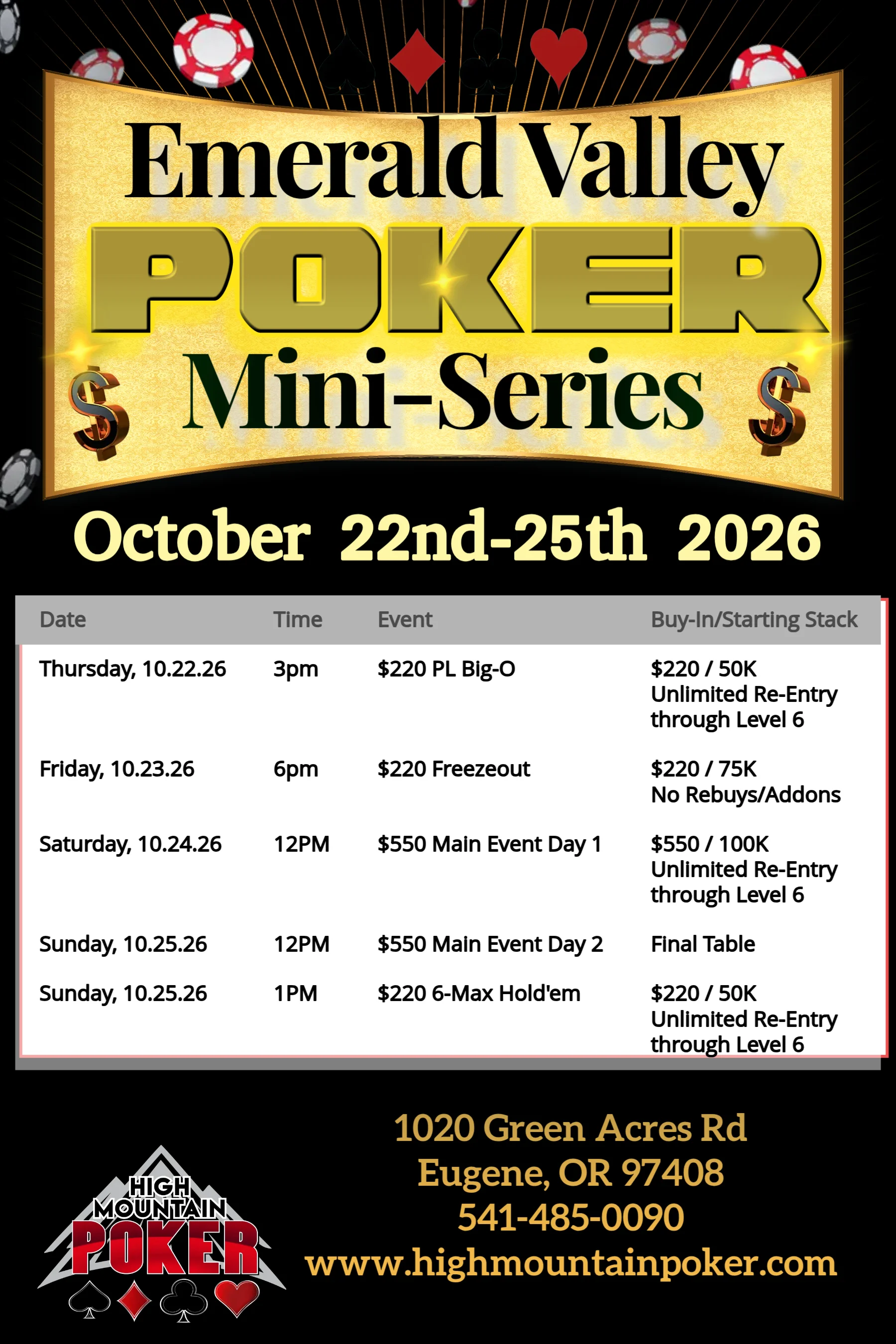 Emerald Valley Poker Classic event schedule poster