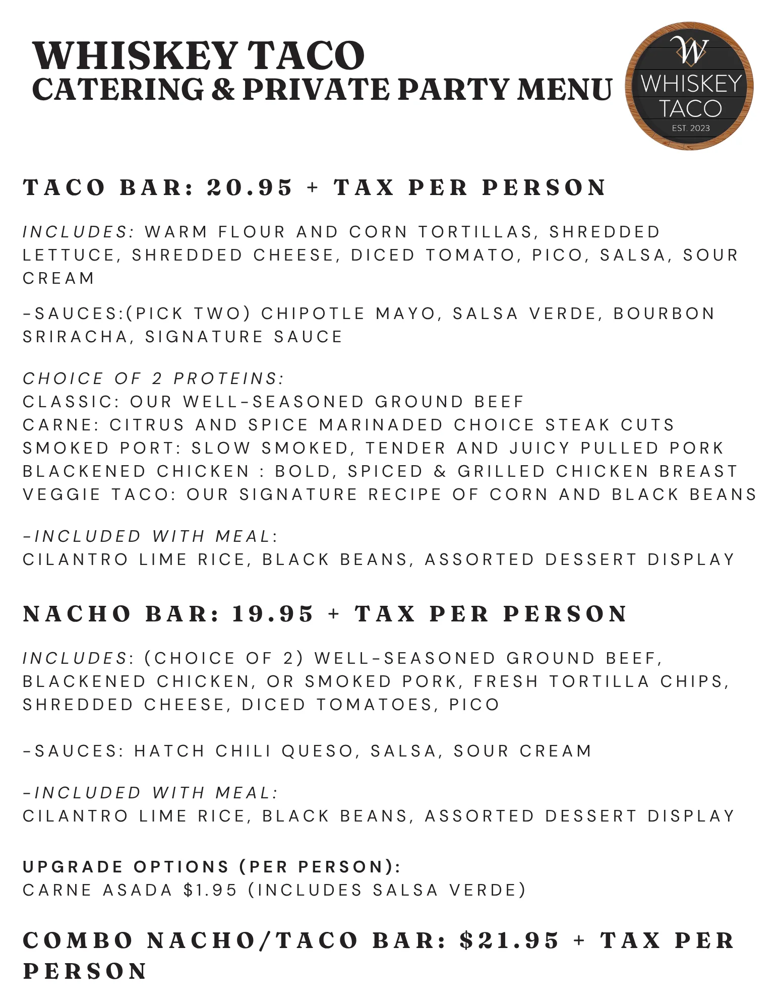 Catering menu featuring taco and nacho bar options for private parties