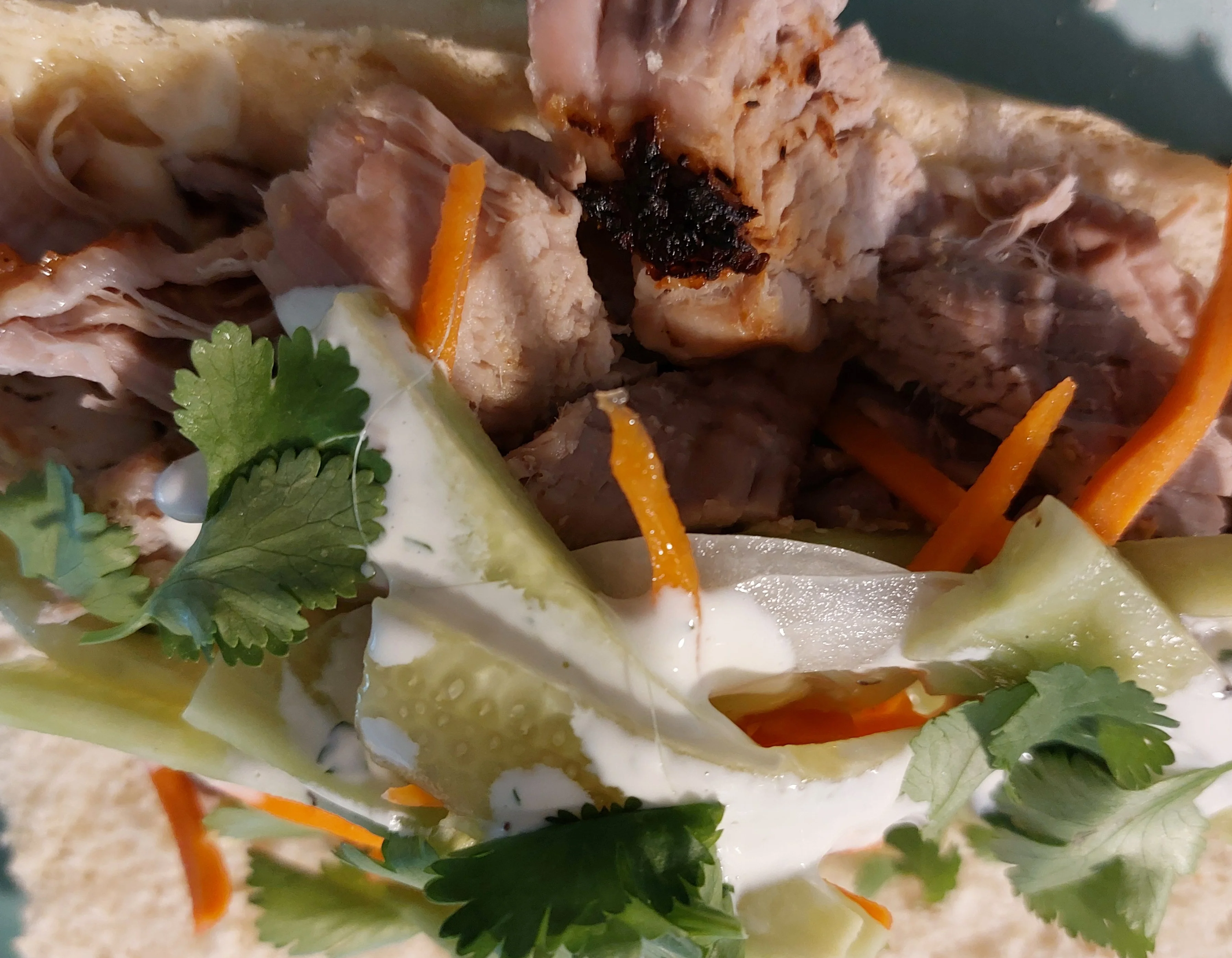Vietnamese banh mi sandwich with grilled pork and fresh vegetables
