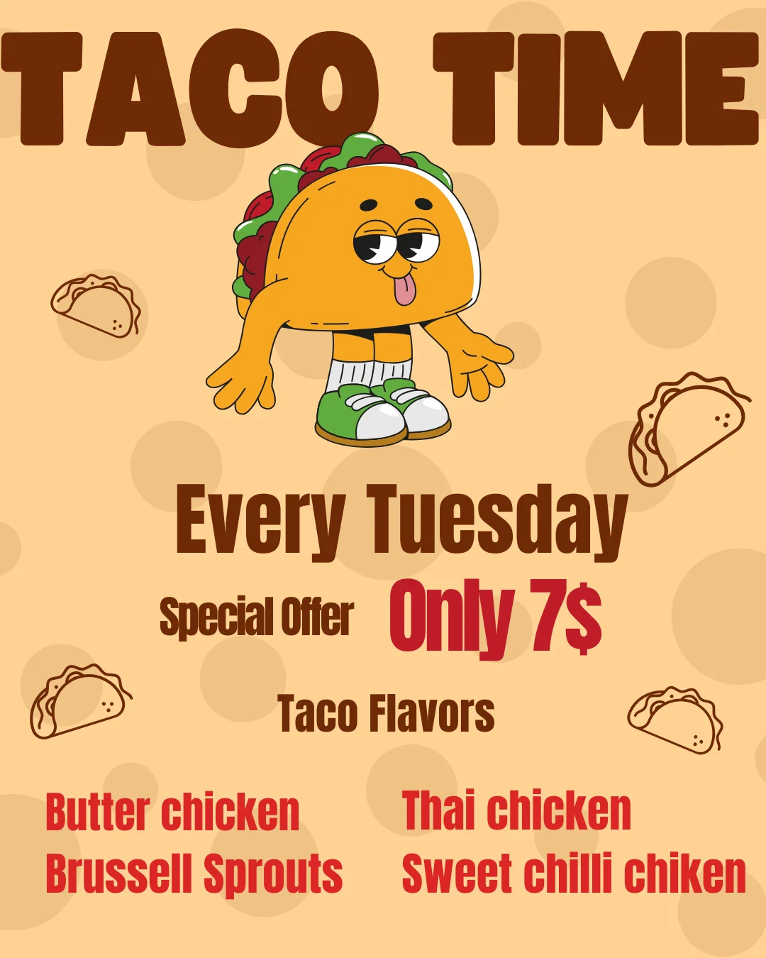Colorful Taco Tuesday promotional image featuring tacos and festive decorations.