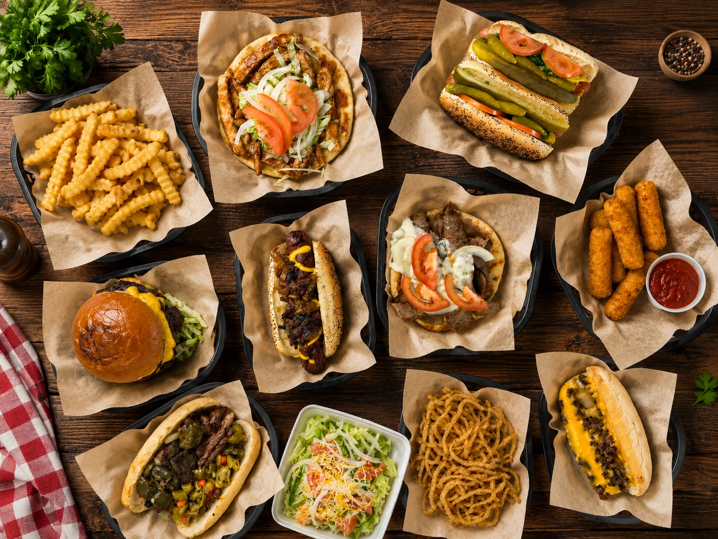 Variety of American comfort food including burgers and hot dogs
