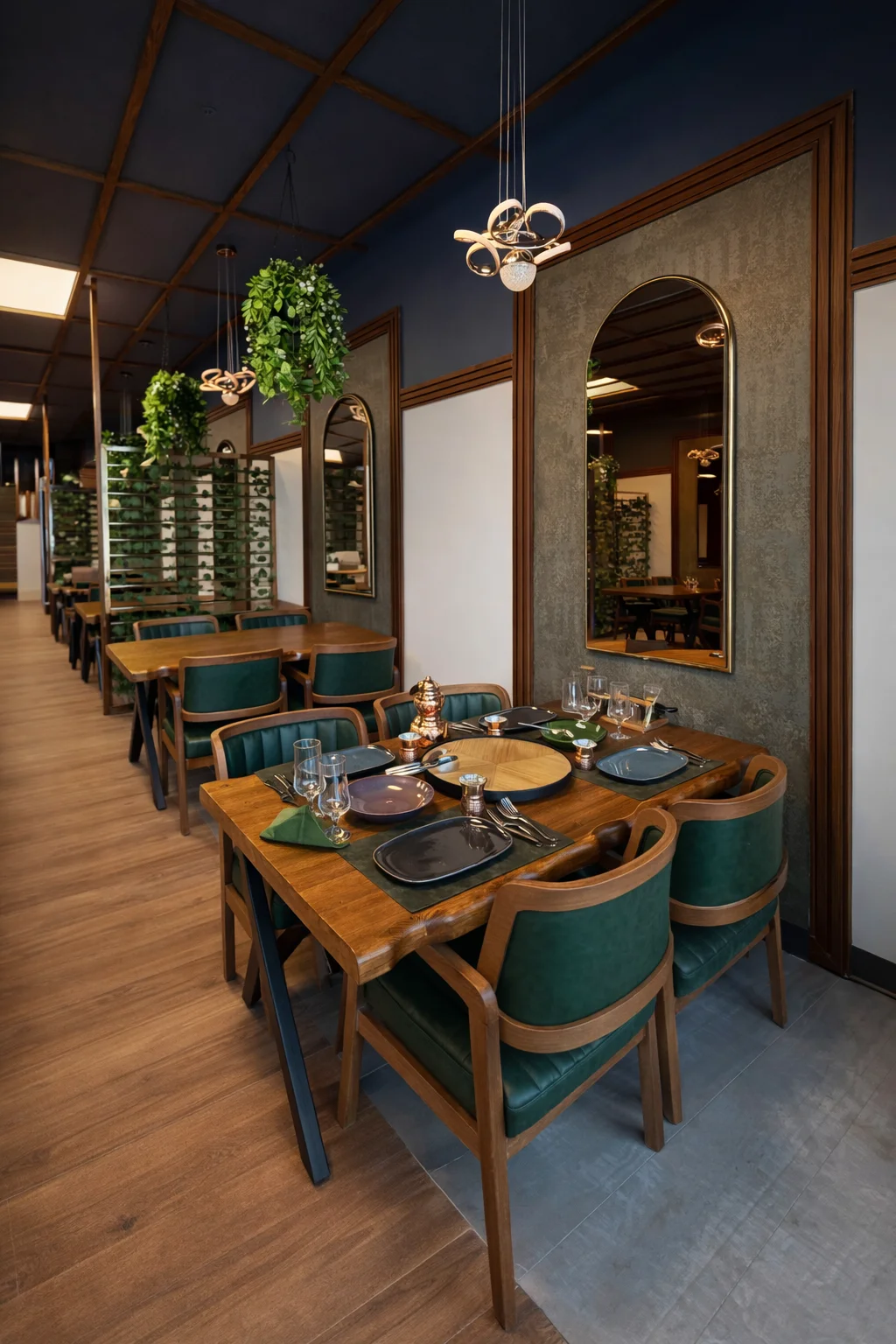 An elegant dining area featuring a mix of wooden tables and green upholstered chairs. Decorative plants hang from the ceiling, and various table settings are arranged for guests.