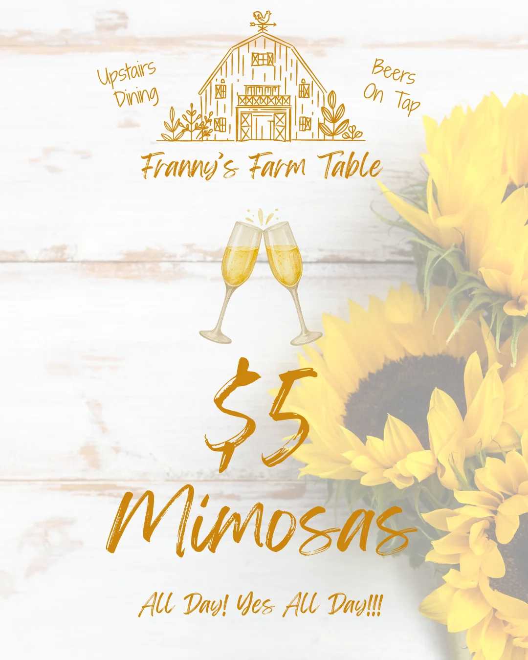 Franny's Farm Table $5 Mimosas all day with sunflowers and barn illustration.