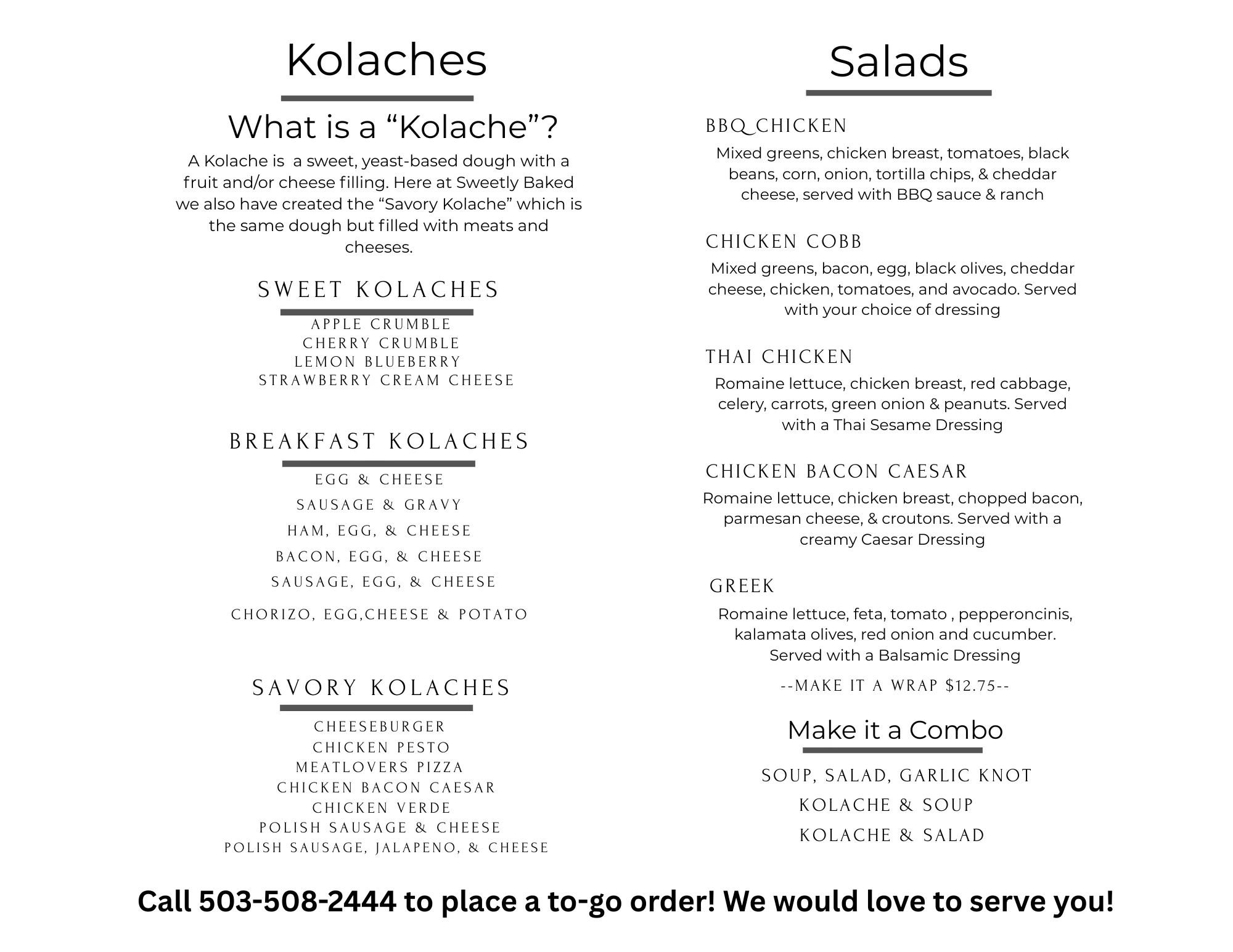 Kolaches and salads menu from a bakery cafe