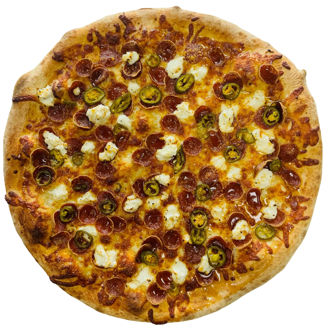 Pizza with pepperoni, jalapeno, ricotta, hot honey