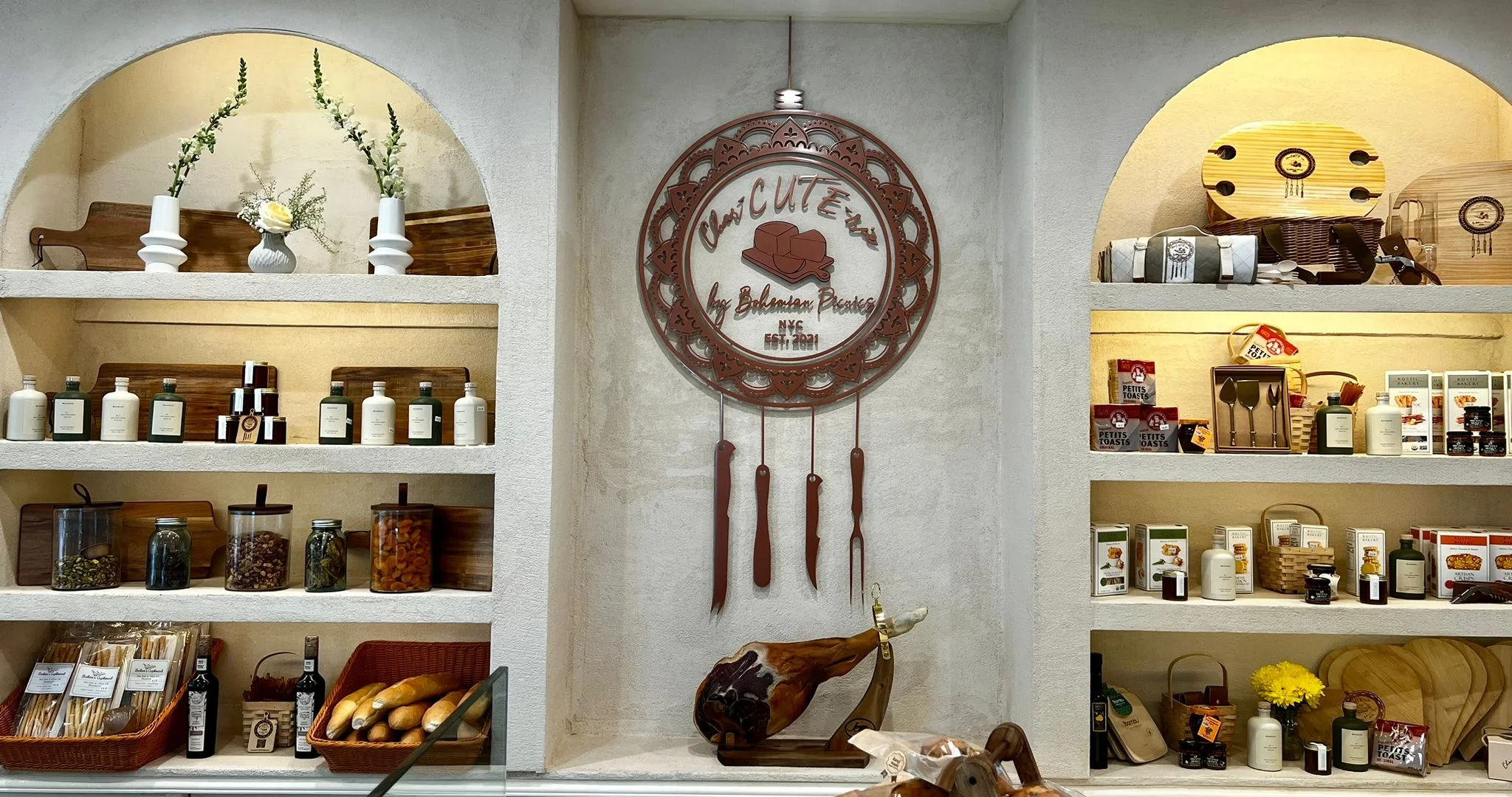 Charming display of gourmet products in a cozy restaurant setting
