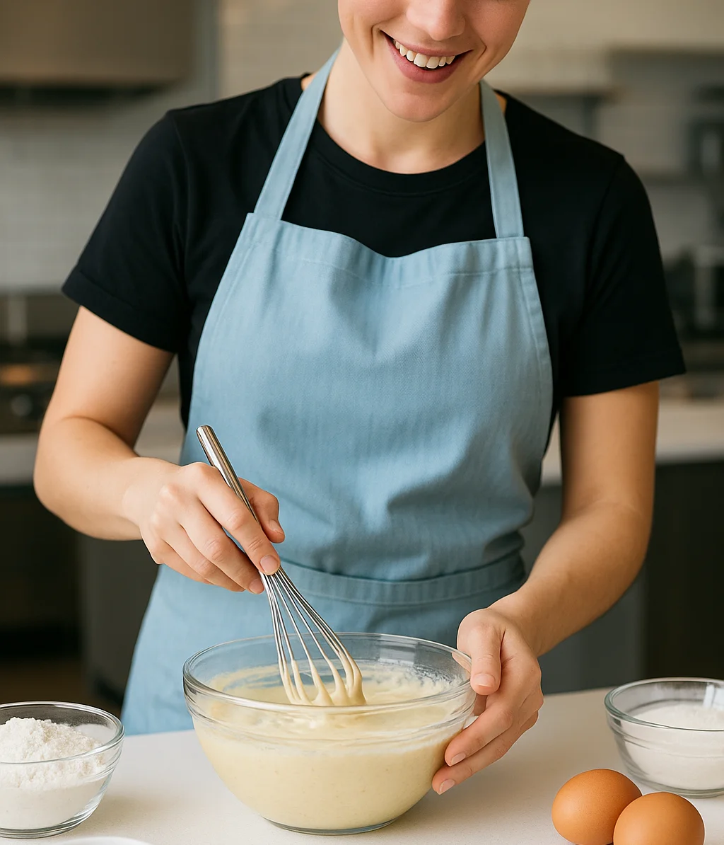 Baker whisking batter for homemade cake in a modern kitchen