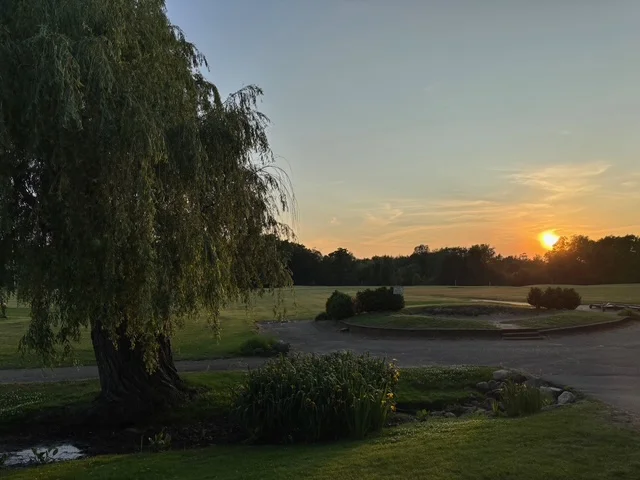Scenic sunset view over a lush green landscape