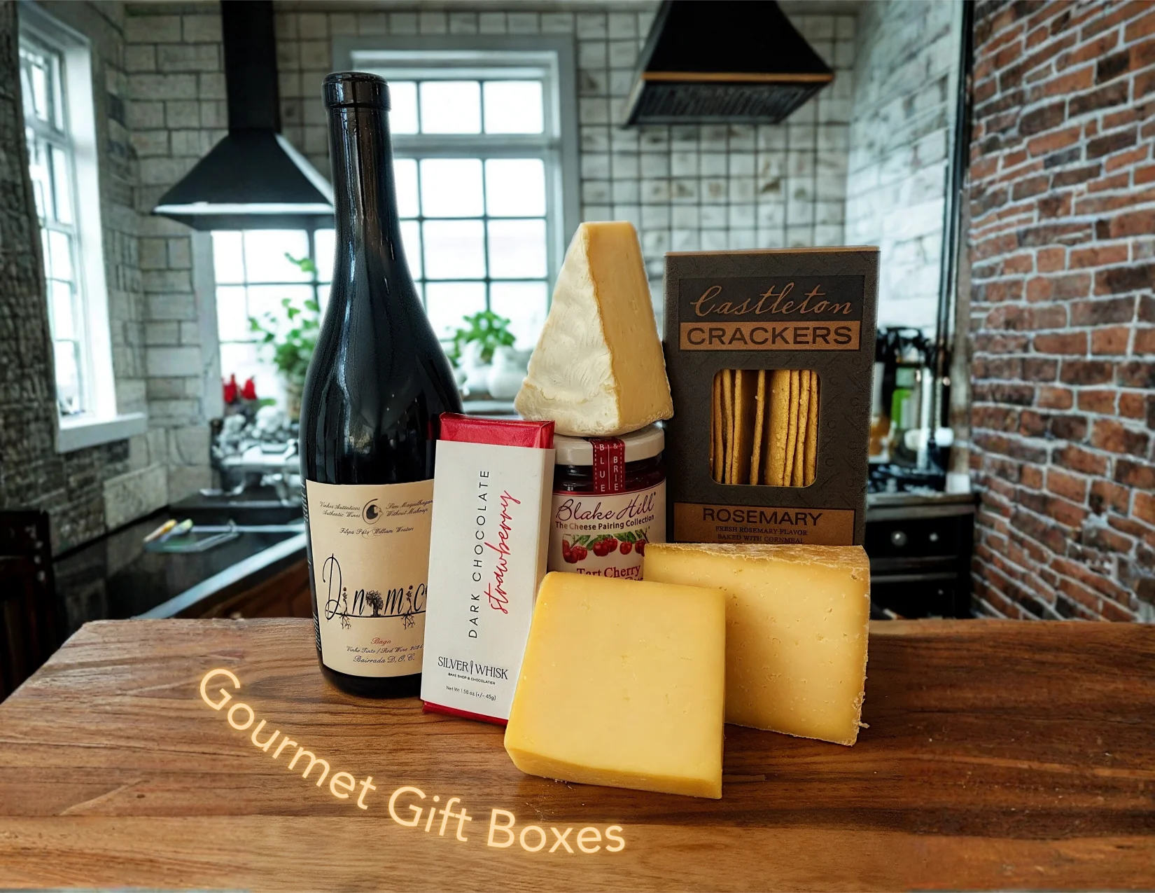 Gourmet gift box with wine, cheese, and crackers