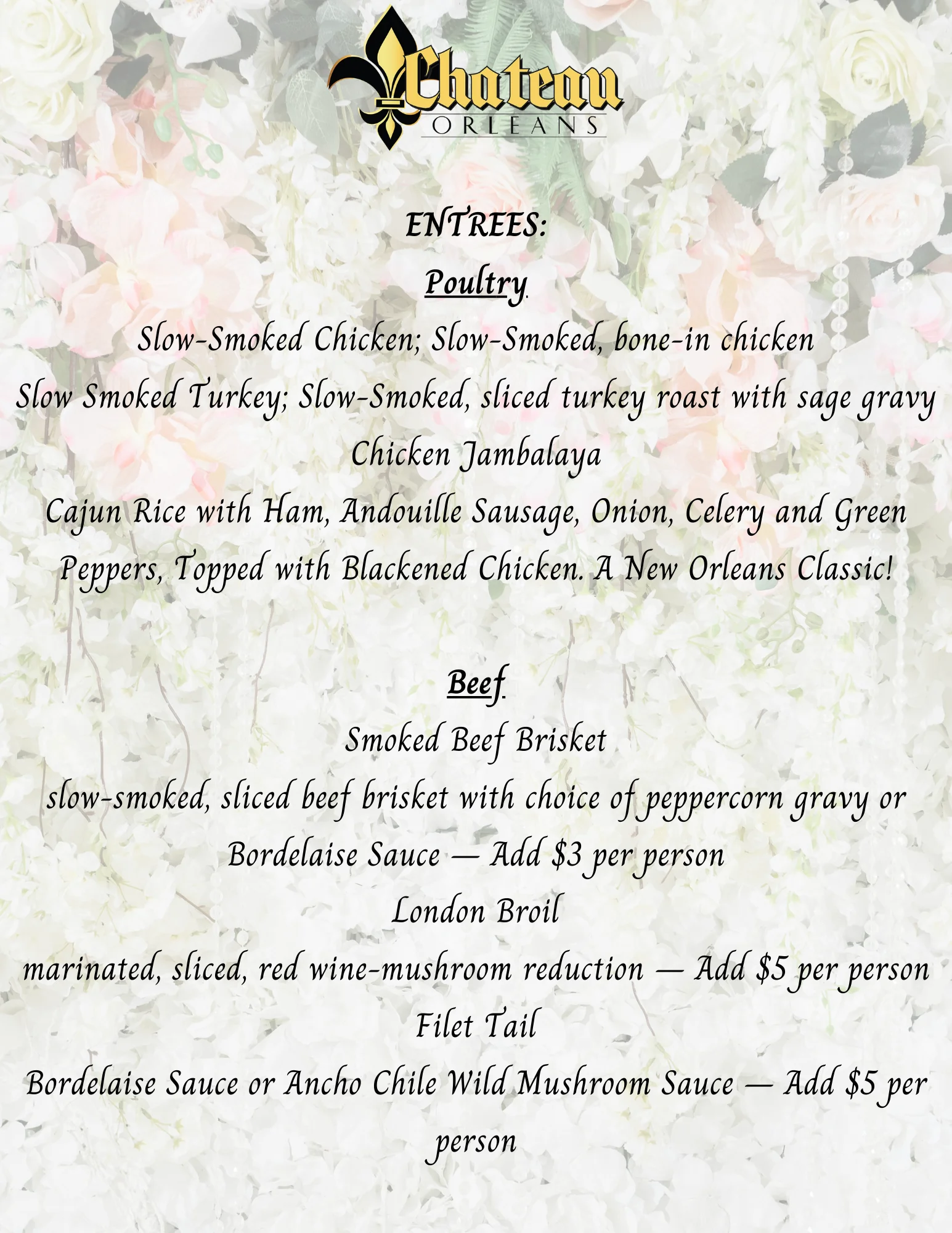 New Orleans-style entrees featuring smoked chicken and beef dishes