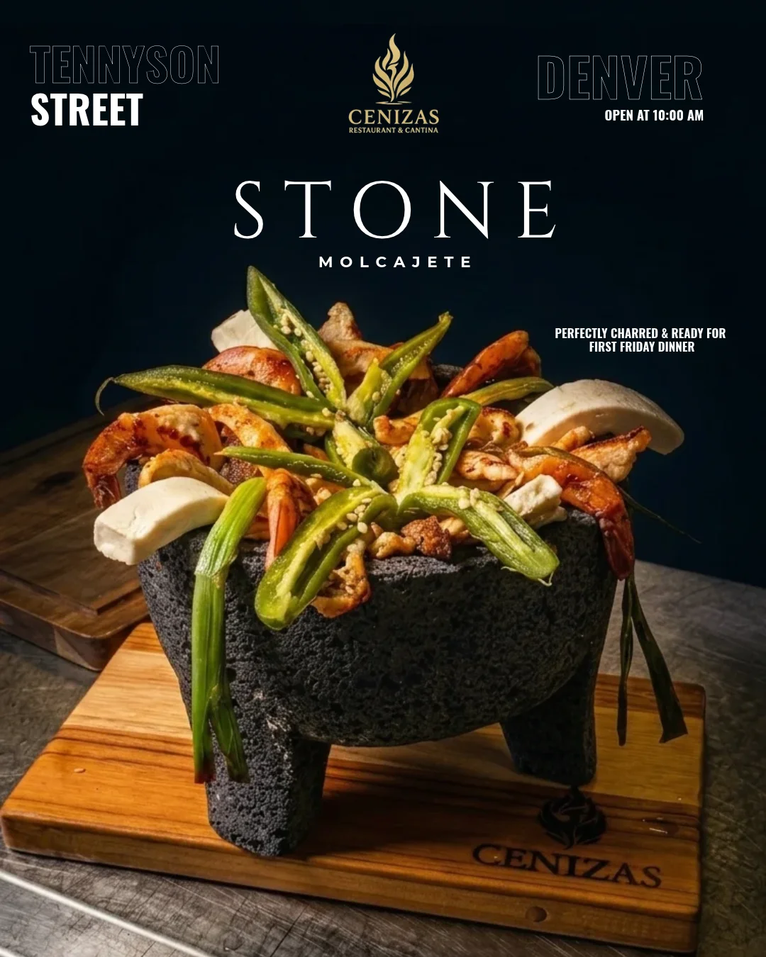 Sizzling stone molcajete with grilled seafood and vegetables