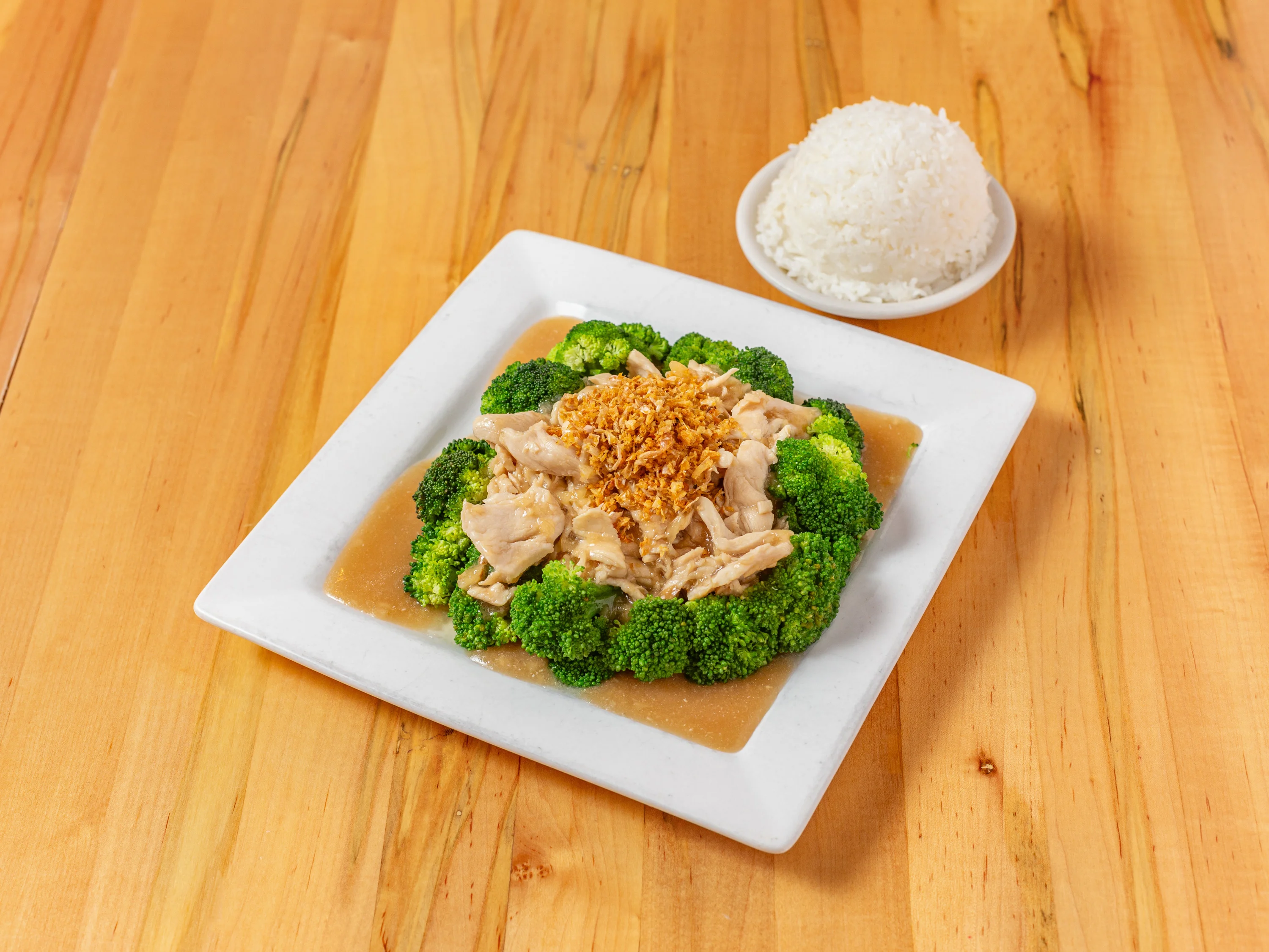 Chinese chicken and broccoli stir-fry with rice
