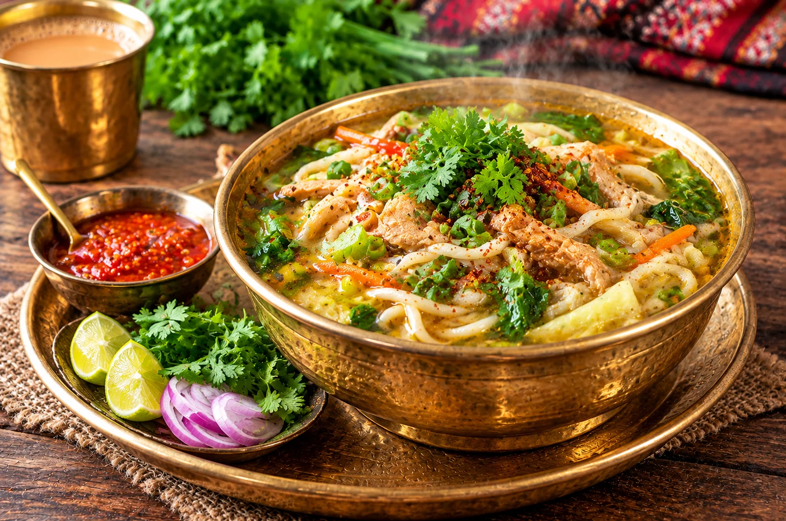 Uzbek lagman noodle soup with lamb and fresh herbs