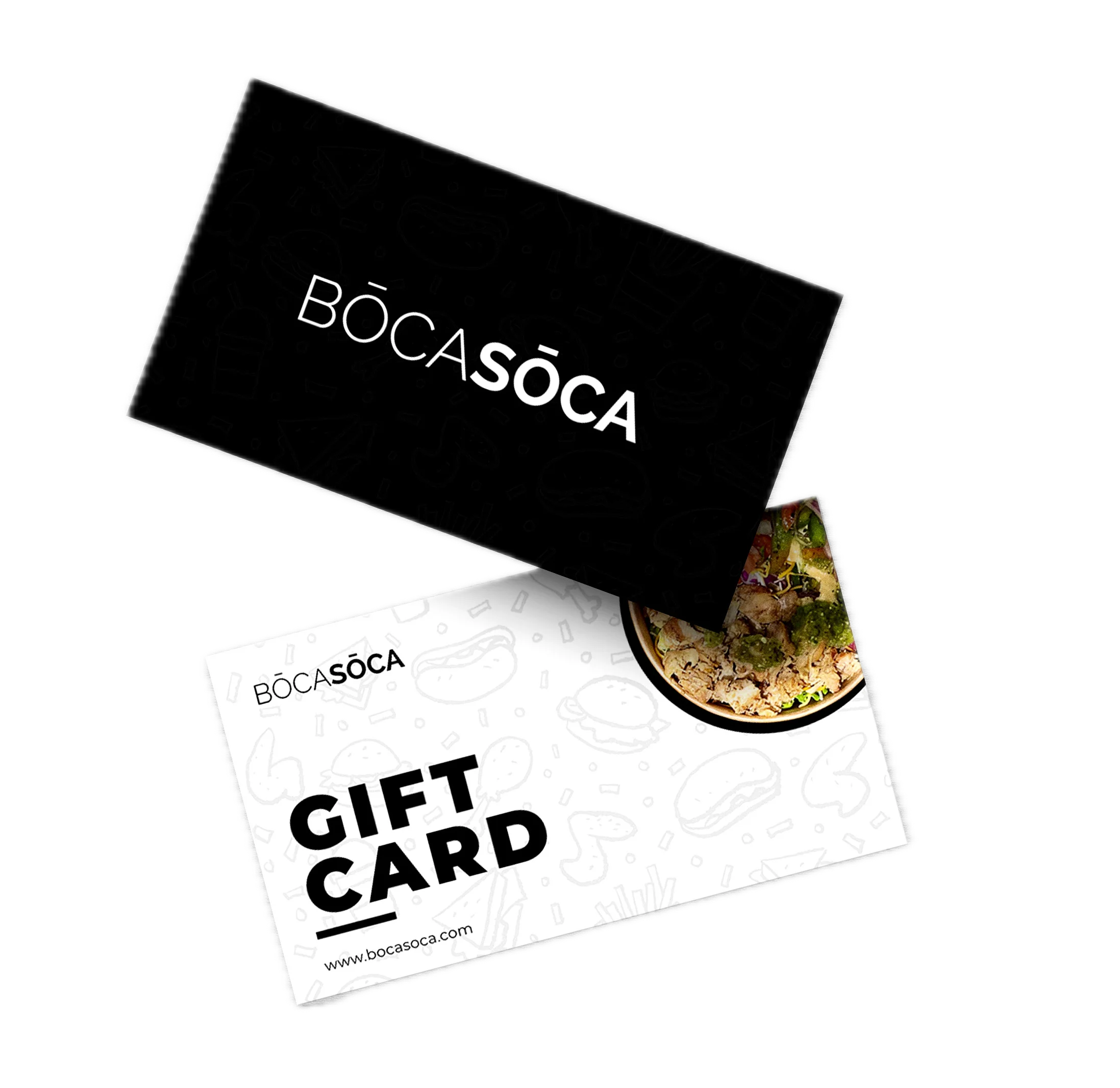 Two floating, black BOCASŌCA Gift Cards stacked on a light gray, textured background. The cards feature the white BOCASŌCA logo and the text "GIFT CARD."