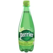 A green bottle of Perrier sparkling water with a lime flavor. The bottle features a distinct label and a green cap.