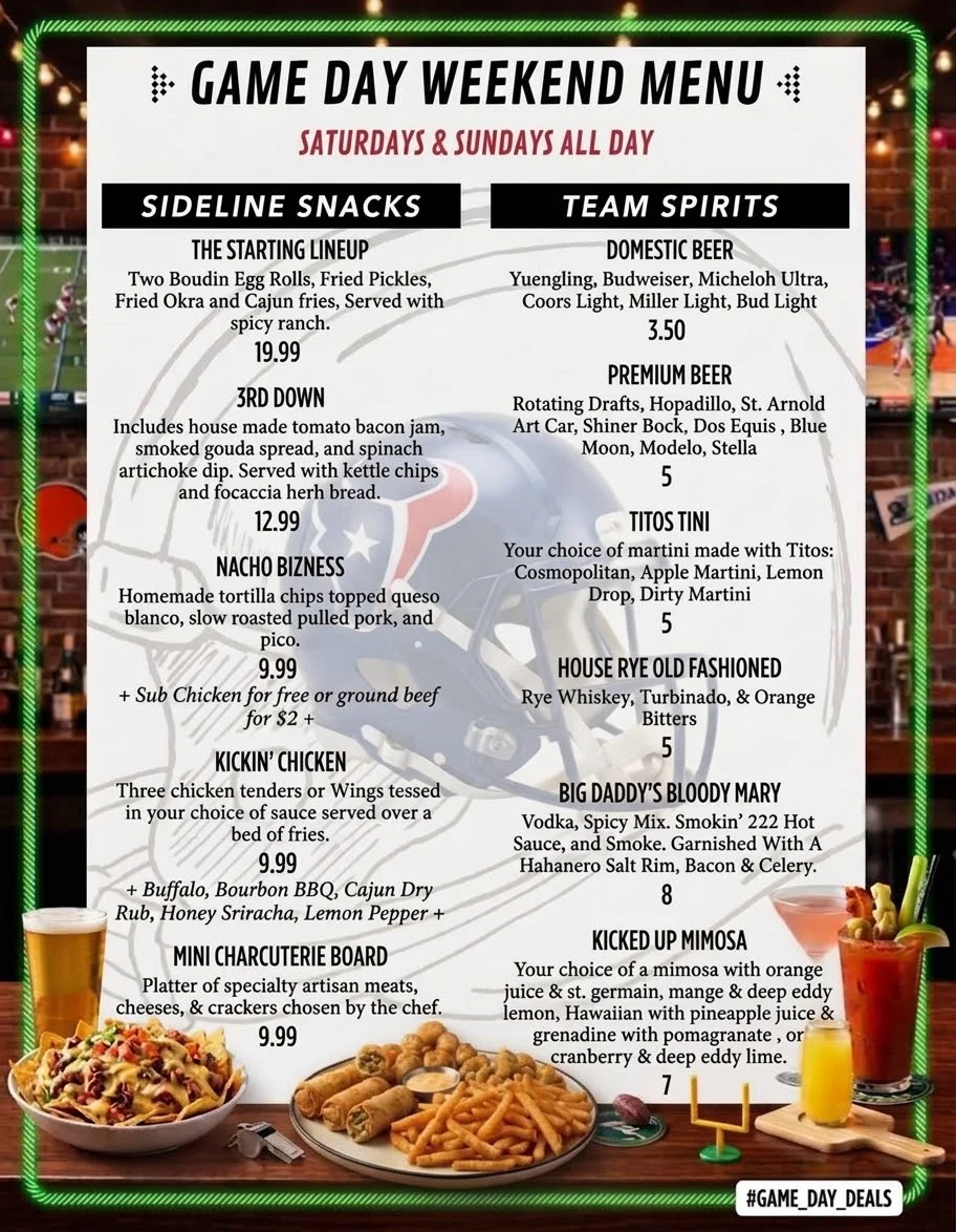 Game day menu featuring snacks and drinks for sports fans