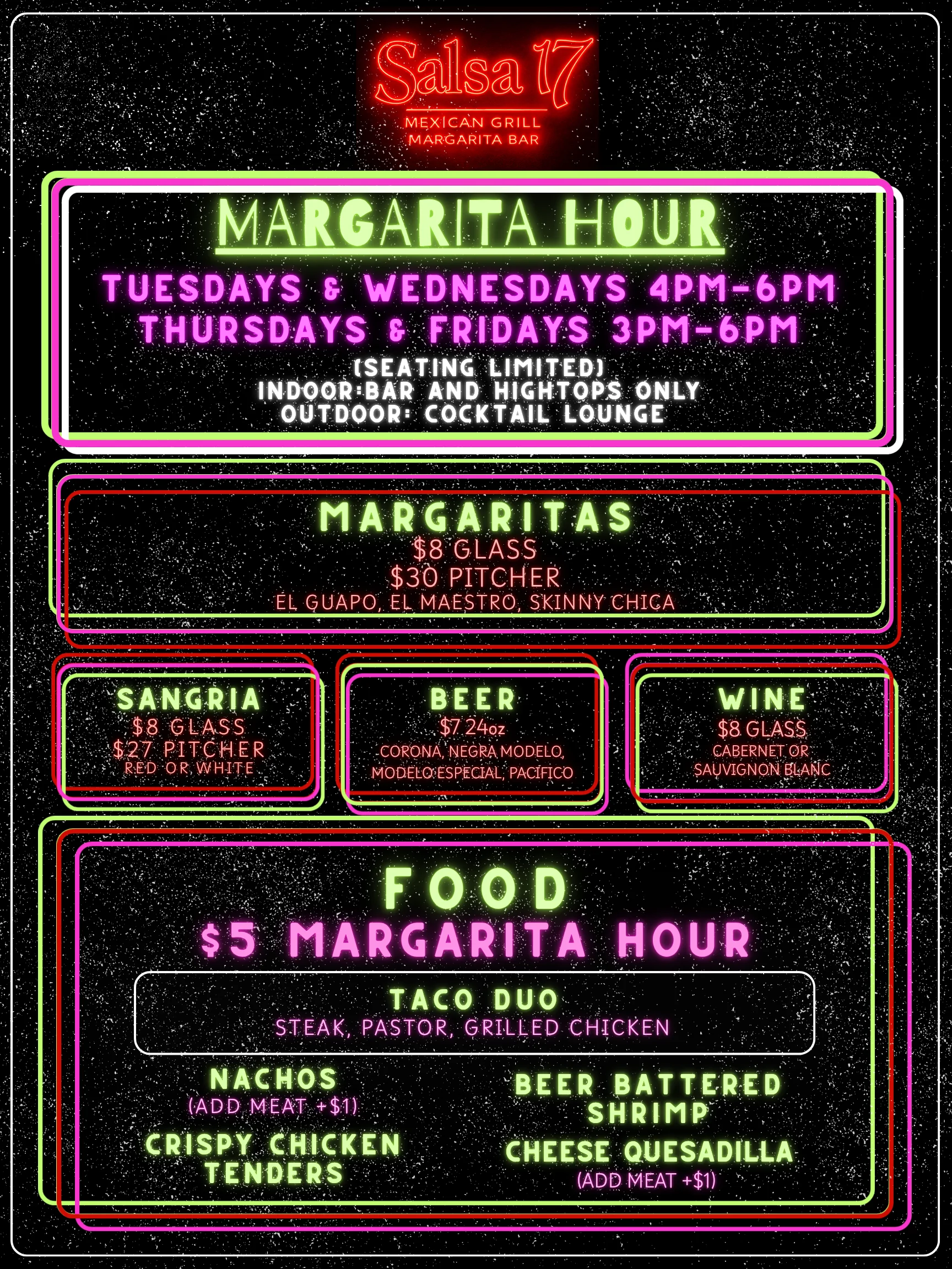 Vibrant margarita hour menu at a Mexican grill