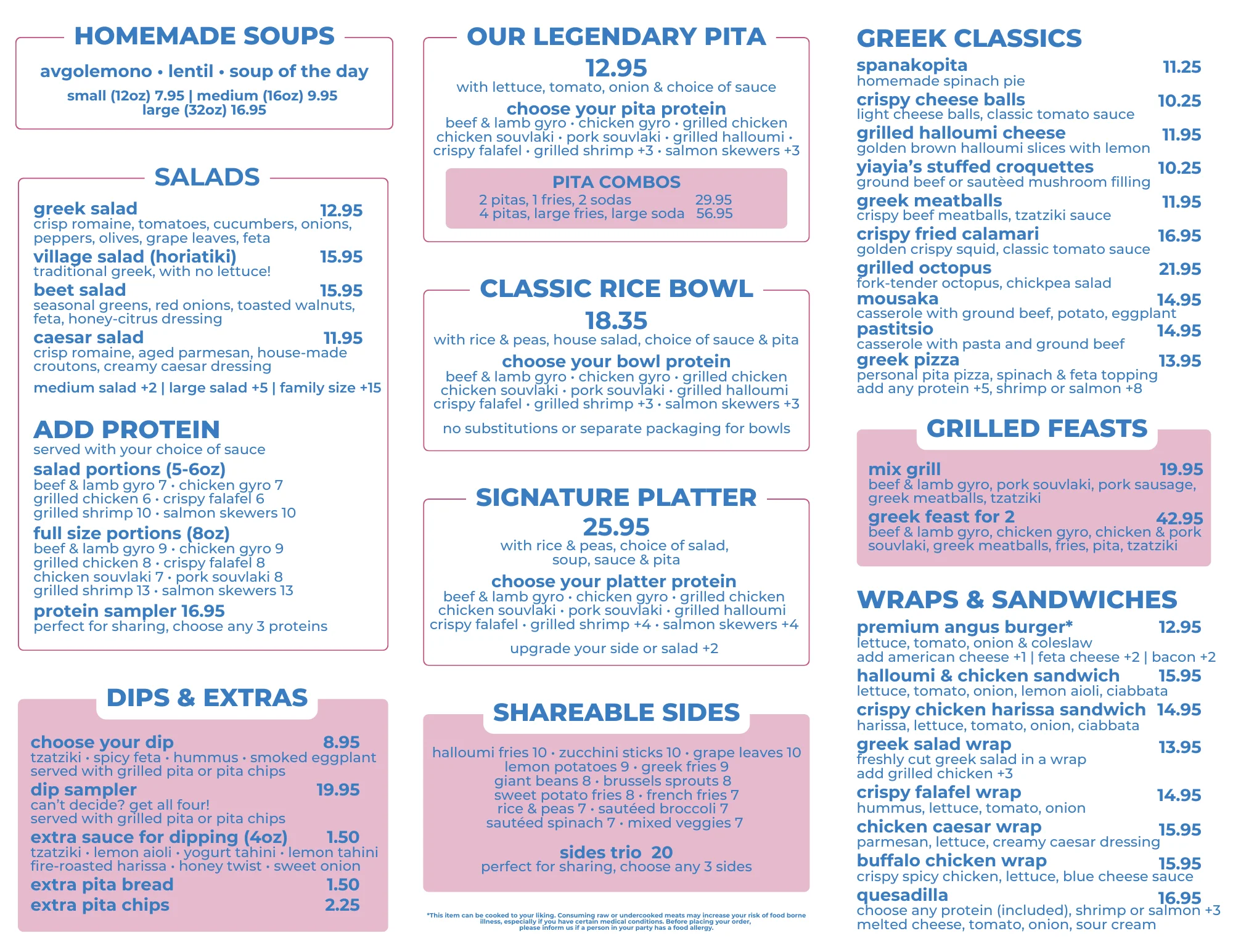 Mediterranean menu featuring pita, salads, and grilled dishes