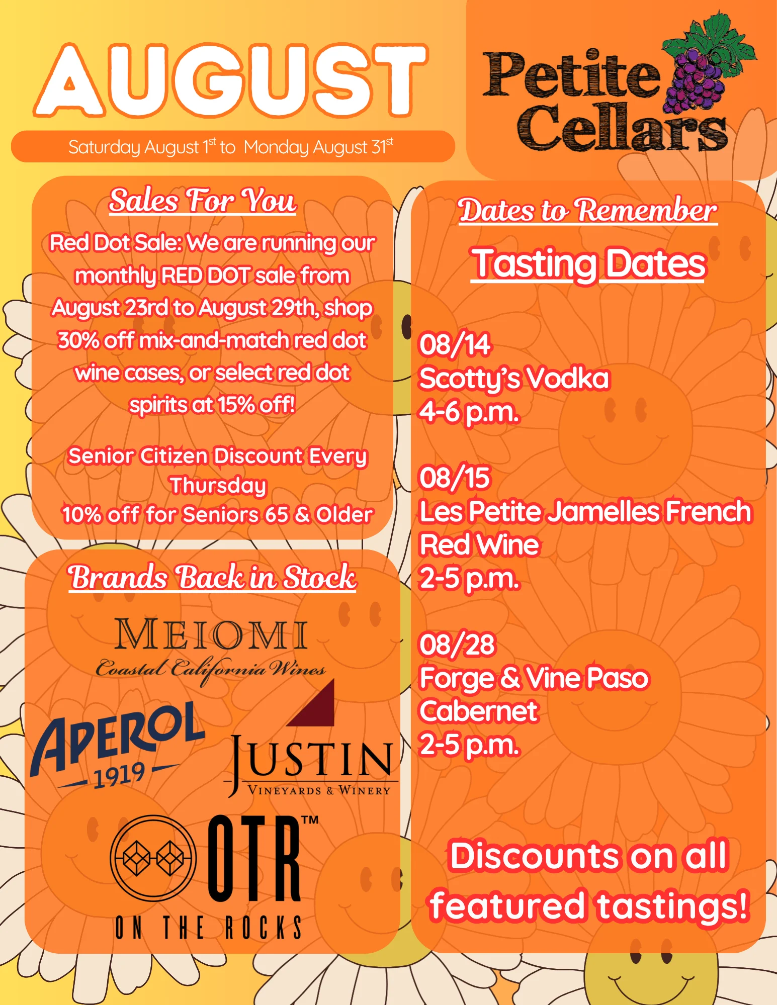 Promotional flyer for June wine and spirit tastings at Petite Cellars