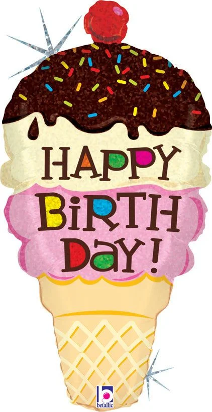 Colorful birthday ice cream cone with sprinkles and cherry on top