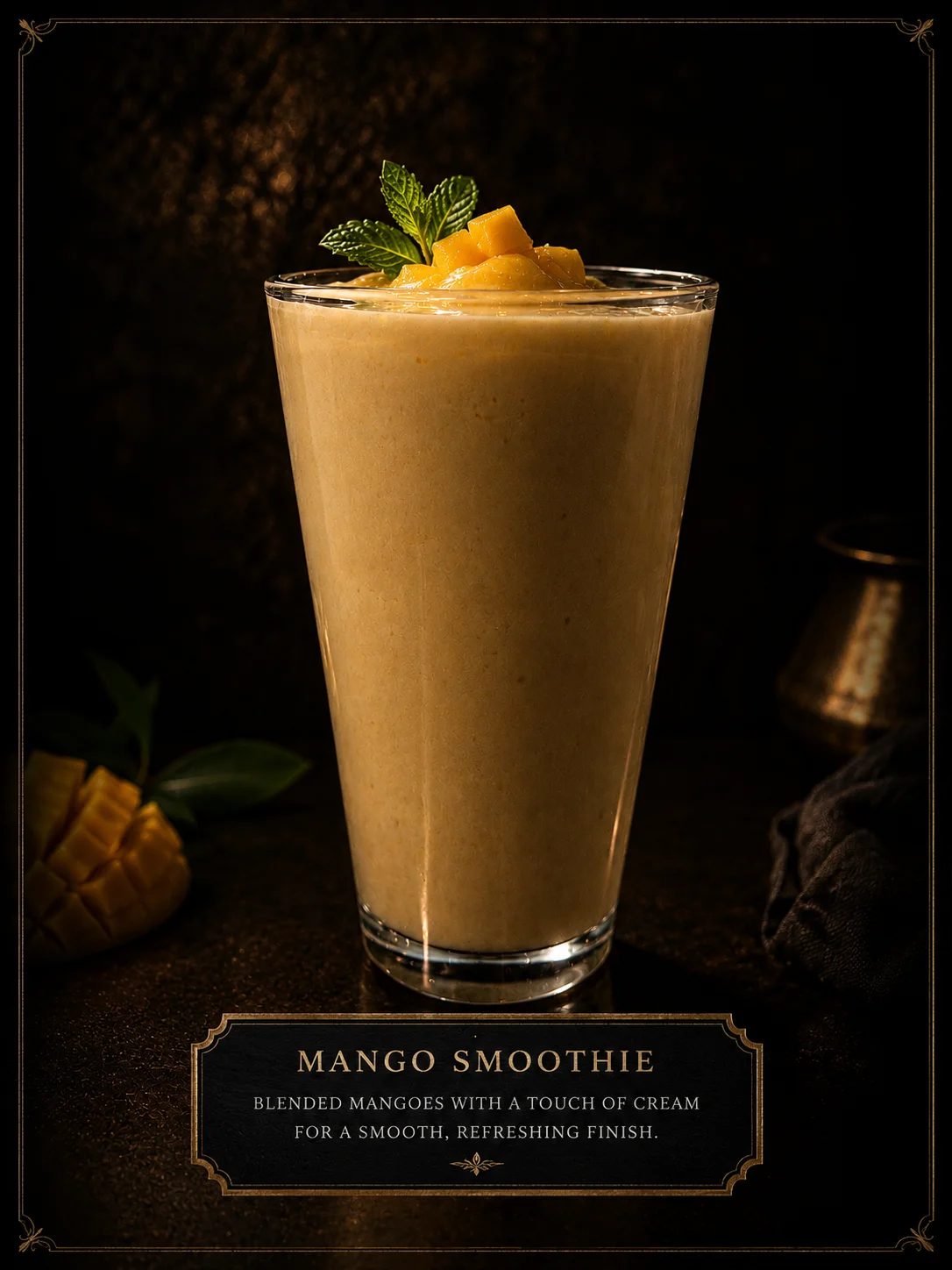 Refreshing mango smoothie in a tall glass with mint garnish