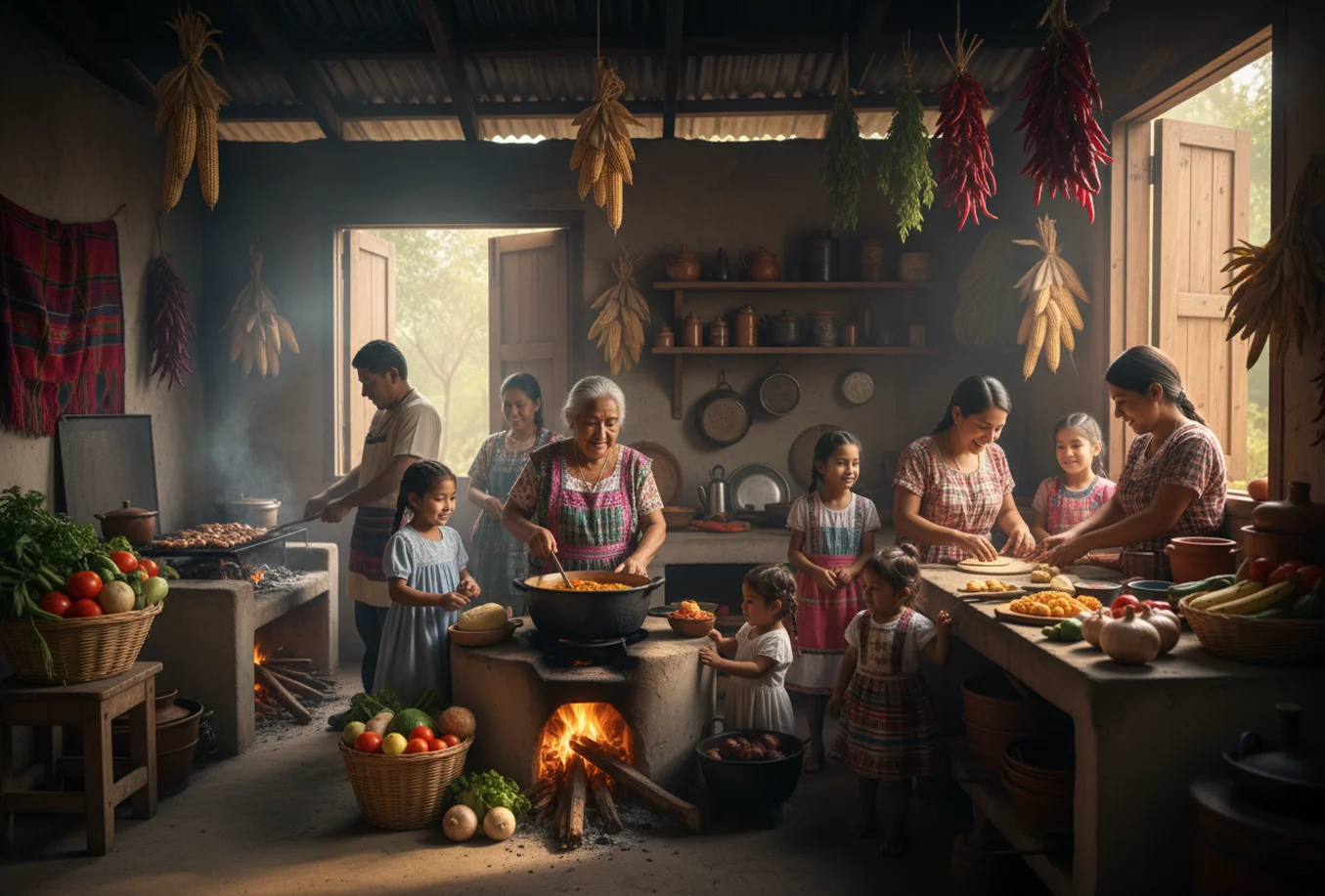 Traditional Mexican family cooking in a rustic kitchen