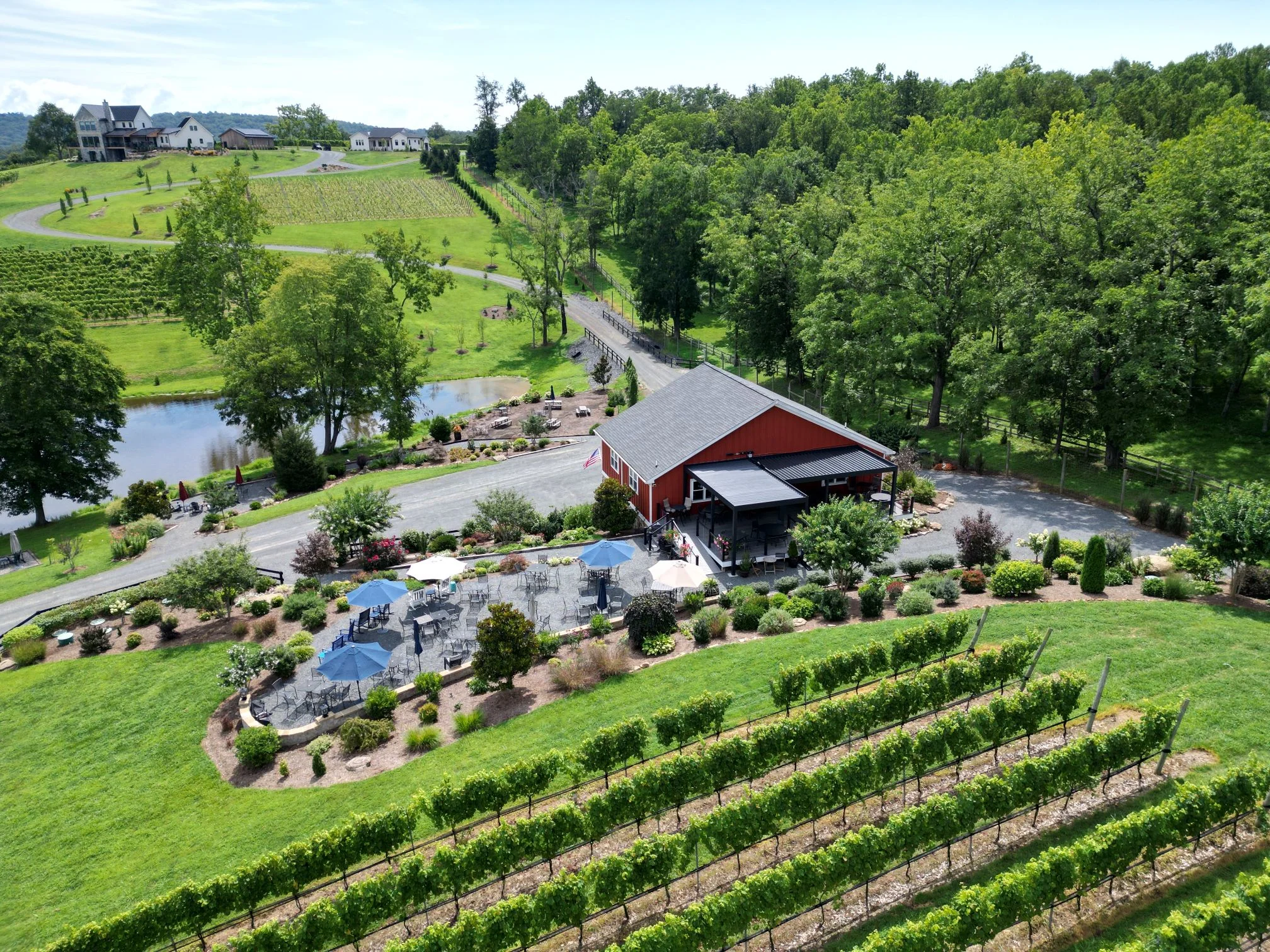 Aerial view of a vineyard and rustic restaurant with outdoor seating