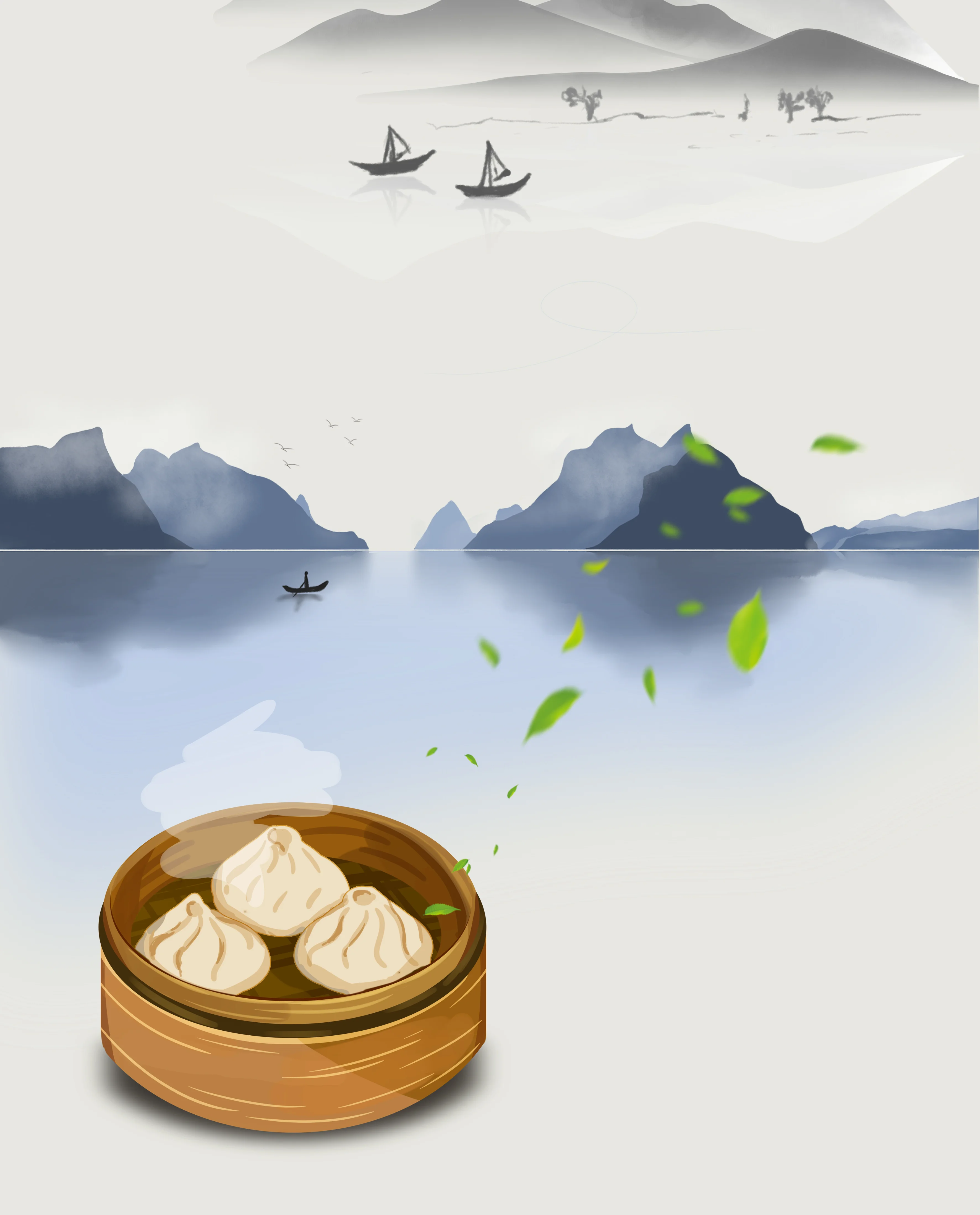 Steaming basket of Chinese dumplings on a serene landscape