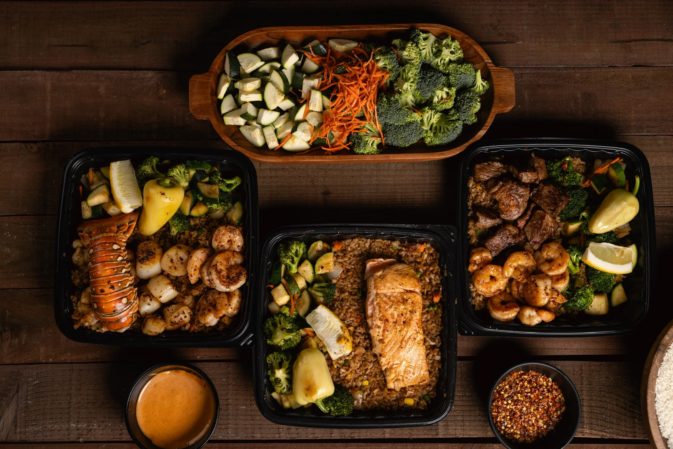 Seafood hibachi platter with grilled shrimp and lobster