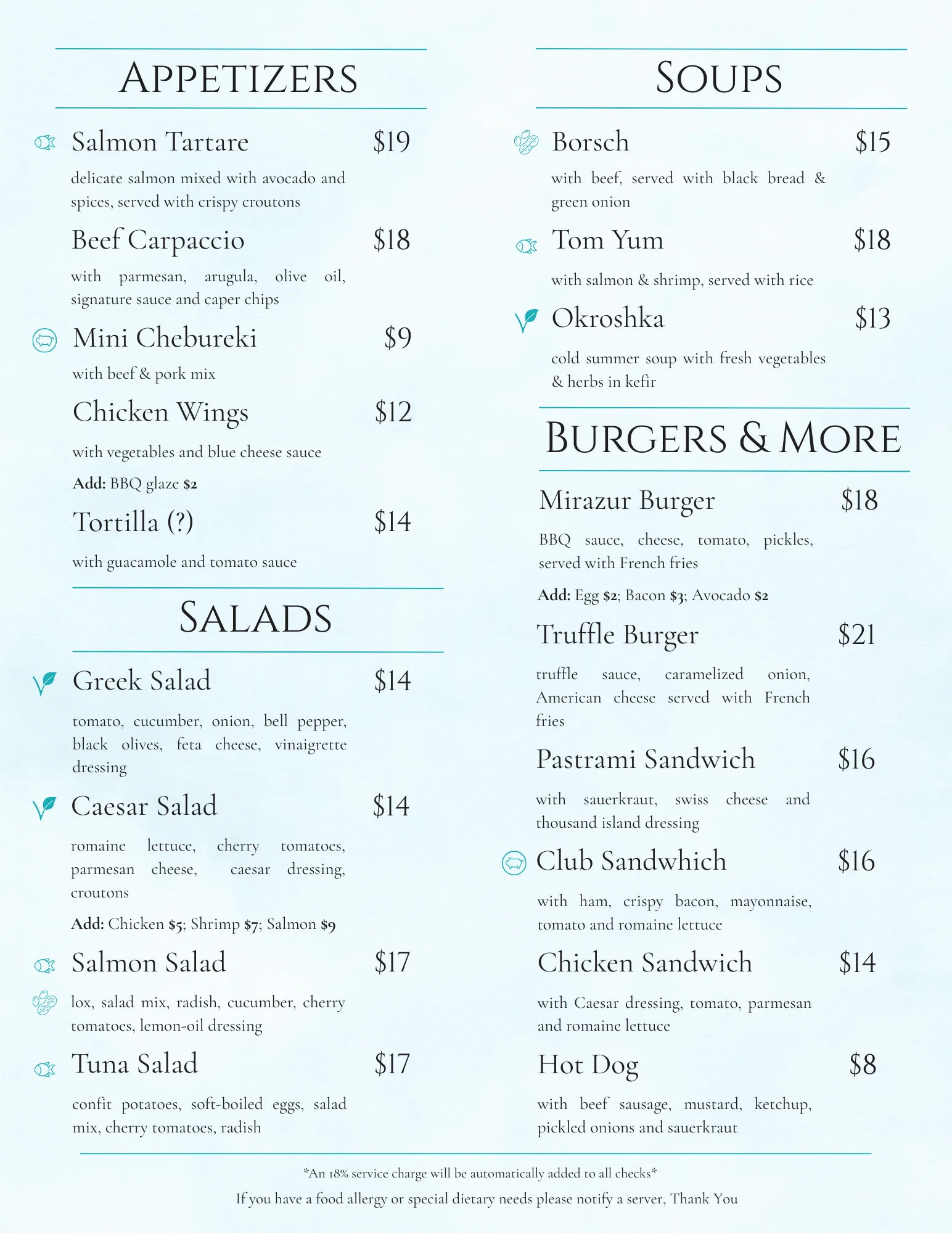 Restaurant menu featuring diverse global dishes and prices