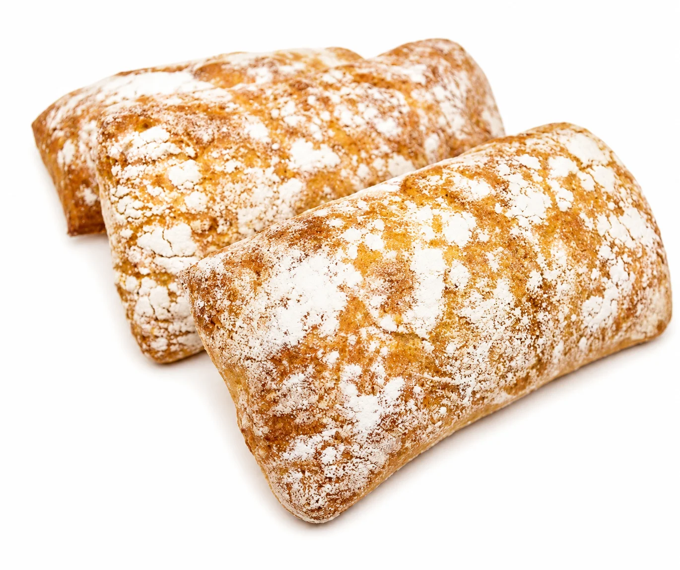 Three powdered pastries arranged on a white background.