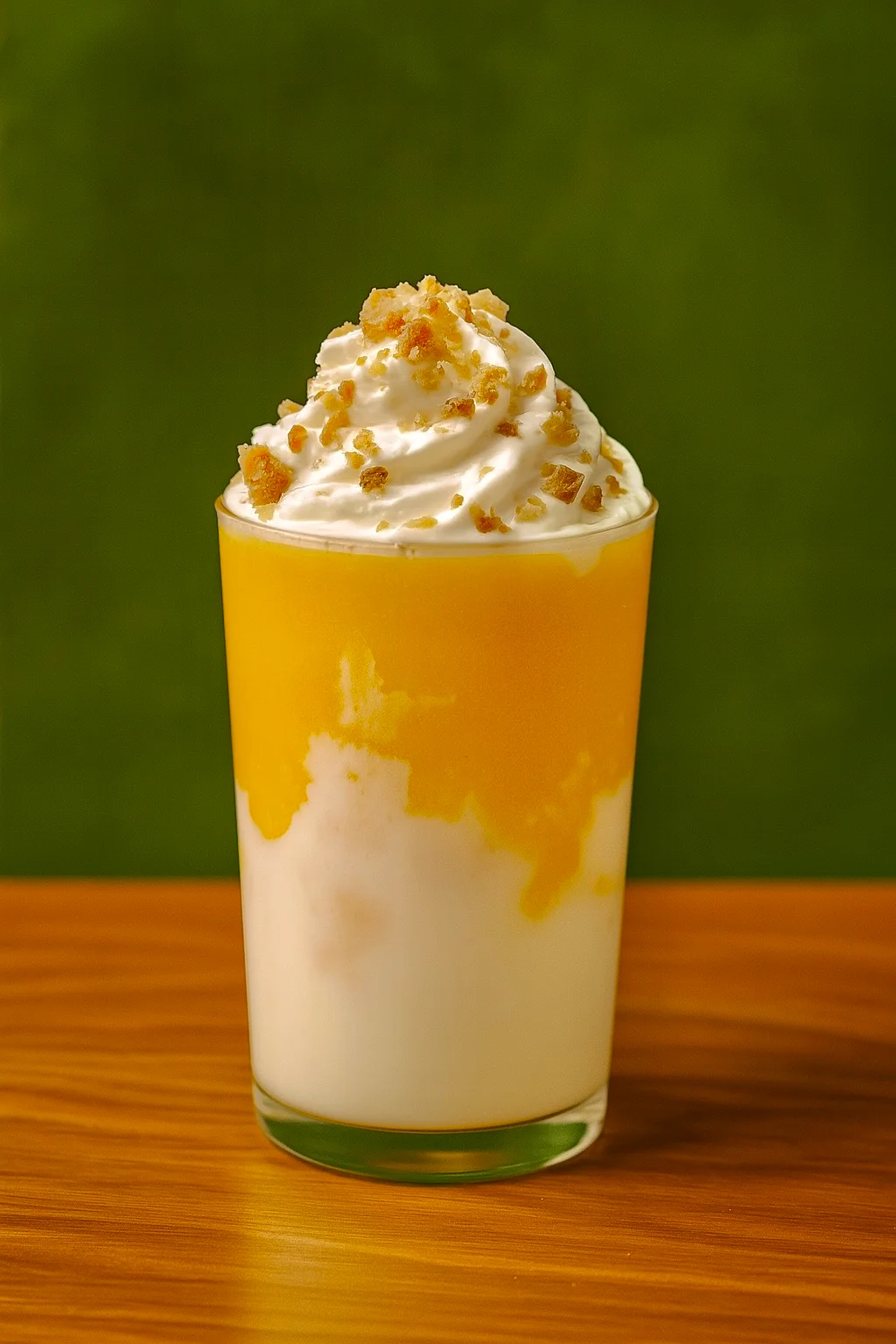Mango lassi topped with whipped cream and crushed nuts