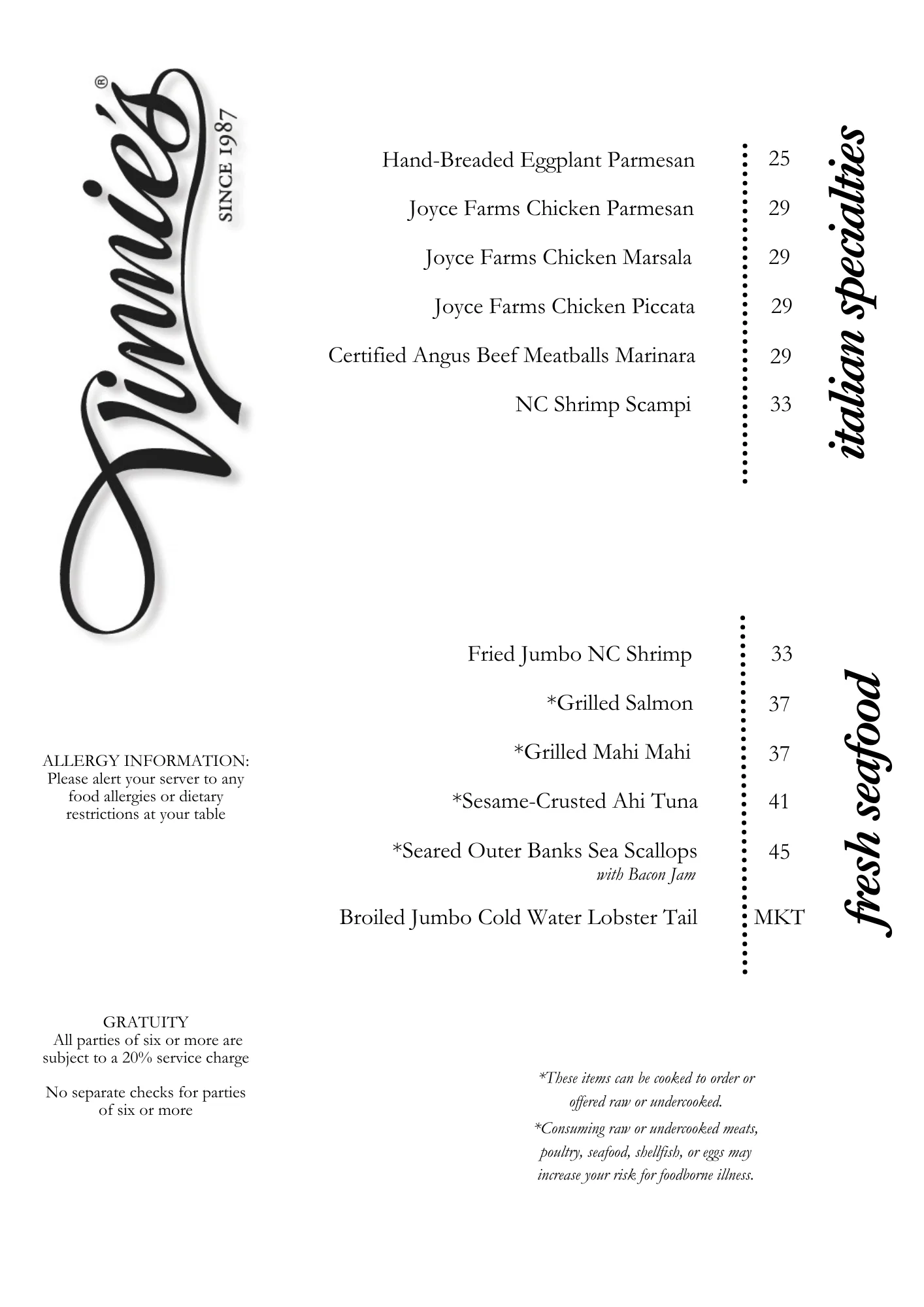 Italian menu featuring classic dishes like Eggplant Parmesan and NC Shrimp Scampi