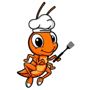 Cheerful cartoon ant chef holding a spatula