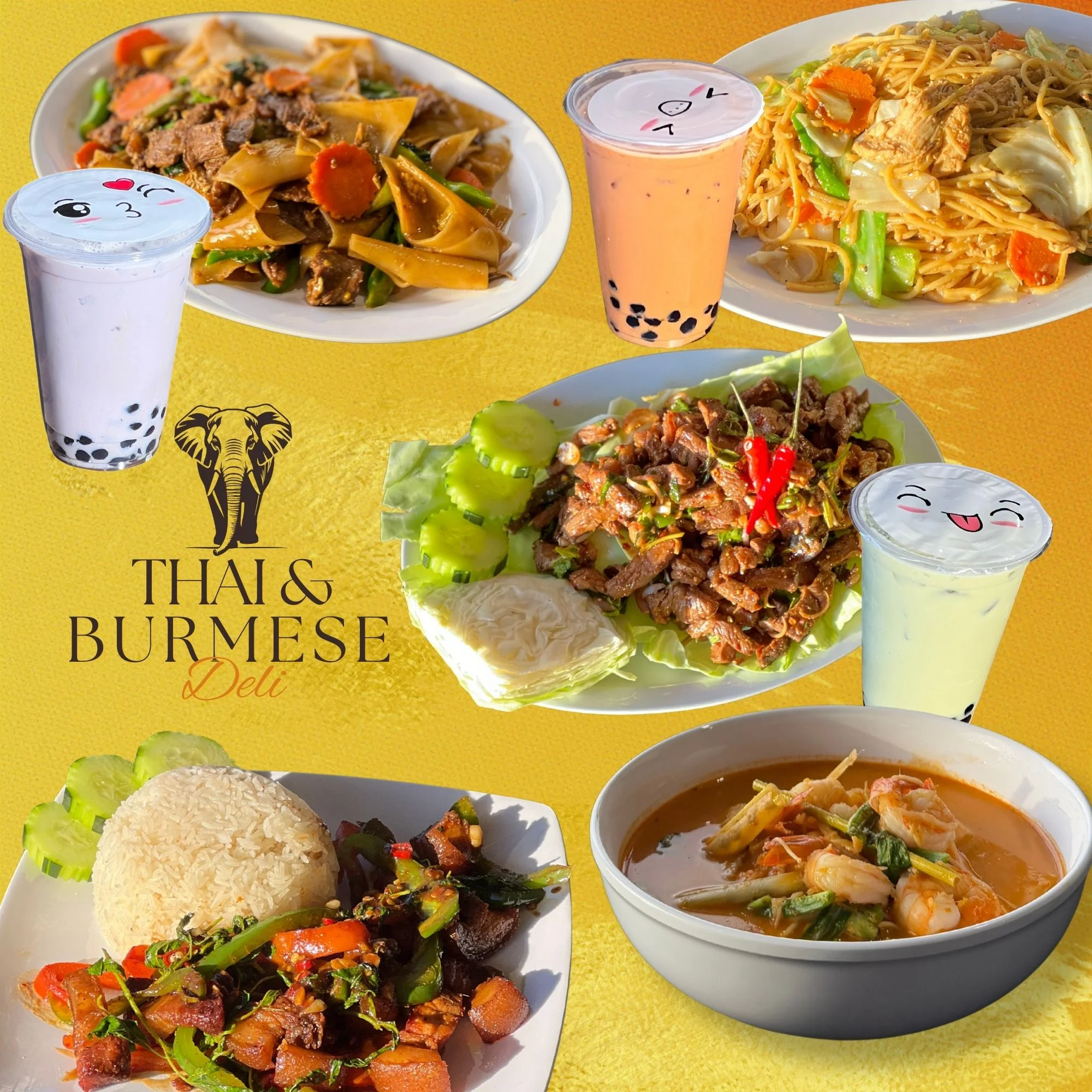 Assorted Thai and Burmese dishes with bubble tea drinks