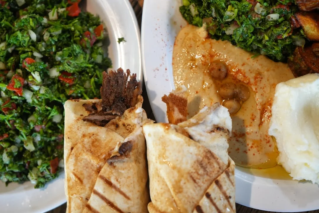 Lebanese shawarma wraps with tabbouleh and hummus