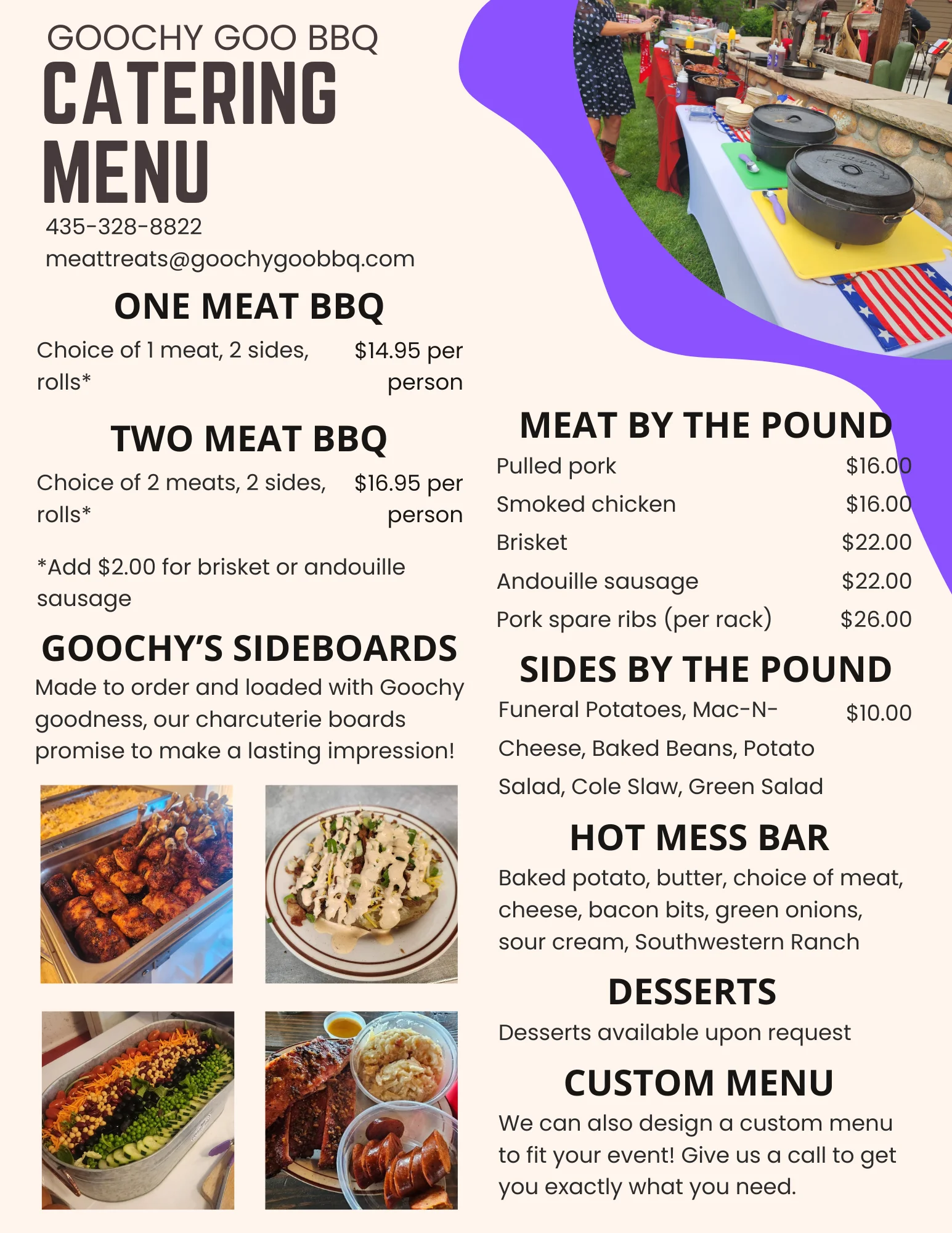 Catering menu for BBQ with various meat and side options