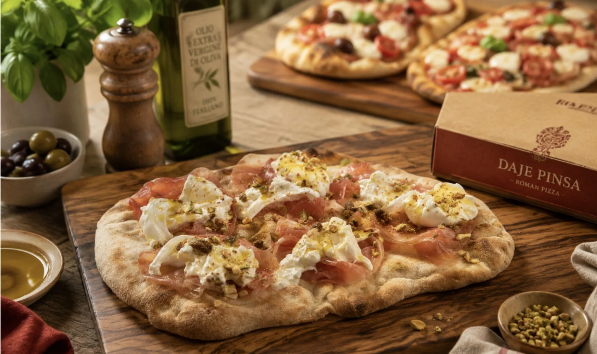 Roman pinsa topped with prosciutto and burrata