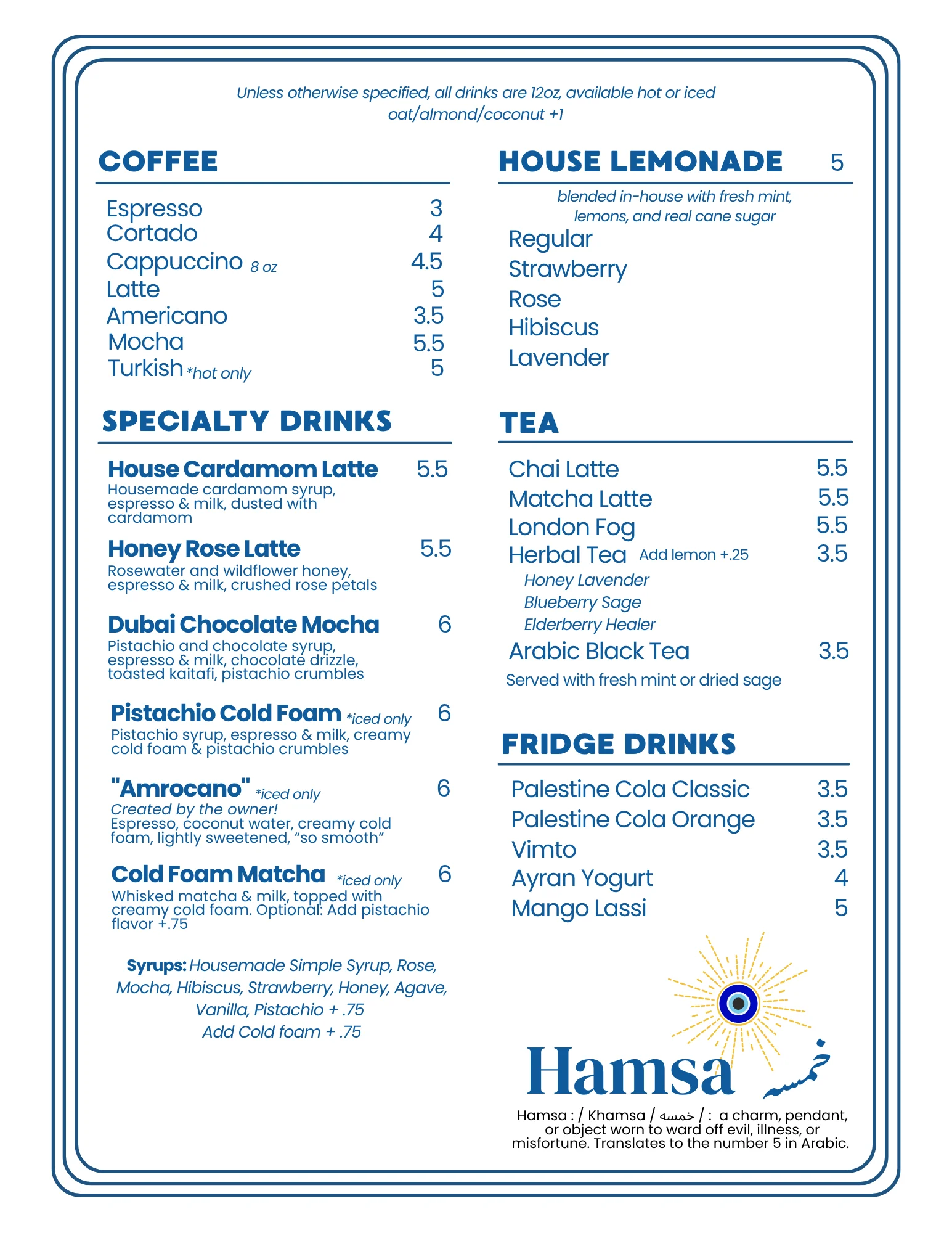 Menu of specialty coffee and drinks at Hamsa café
