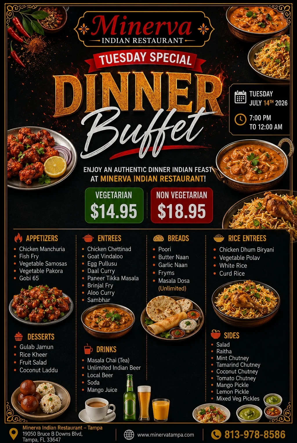 Authentic Indian dinner buffet featuring Chicken Dum Biryani and Goat Rogan Josh