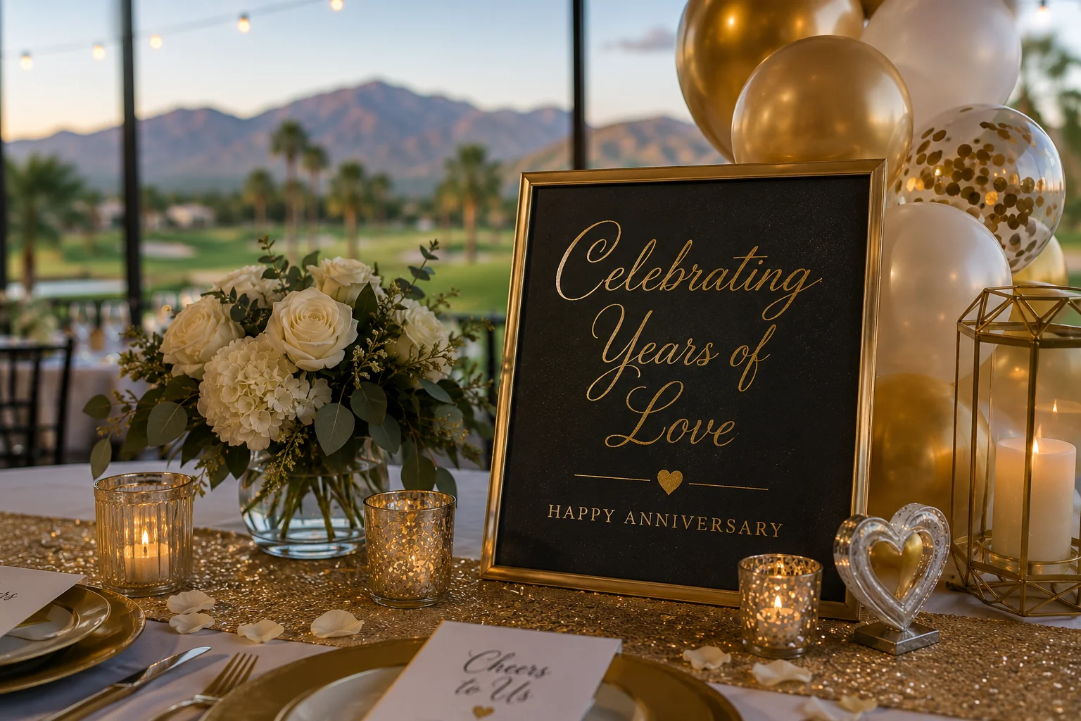 Elegant anniversary table setting with flowers and decor