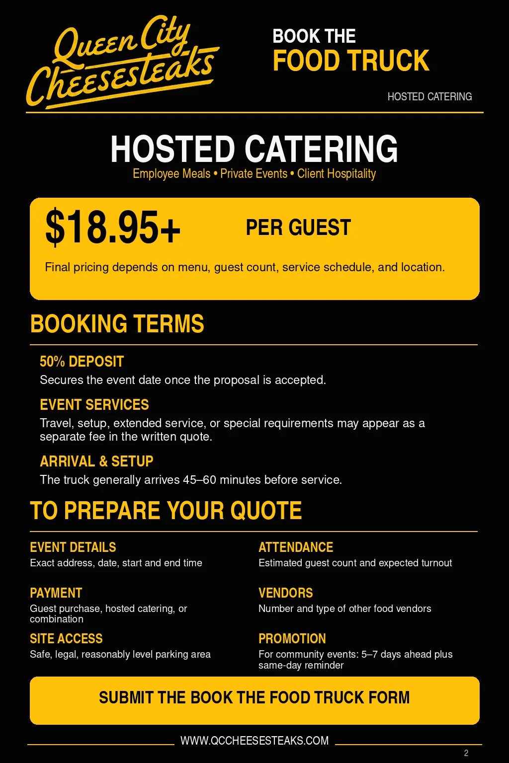 Catering menu for hosted events featuring food truck services