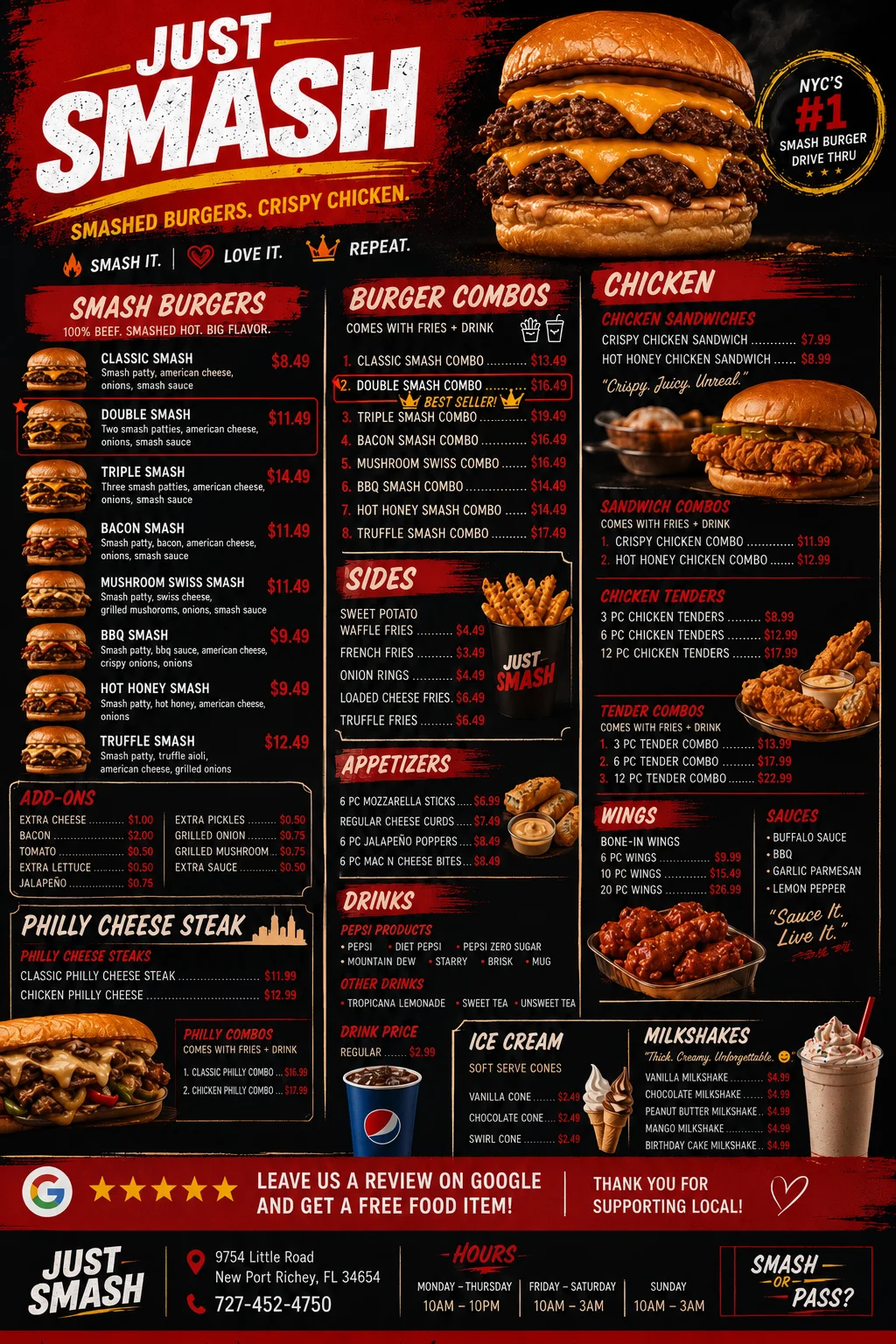 Menu for a burger and chicken restaurant featuring various combos and sides.